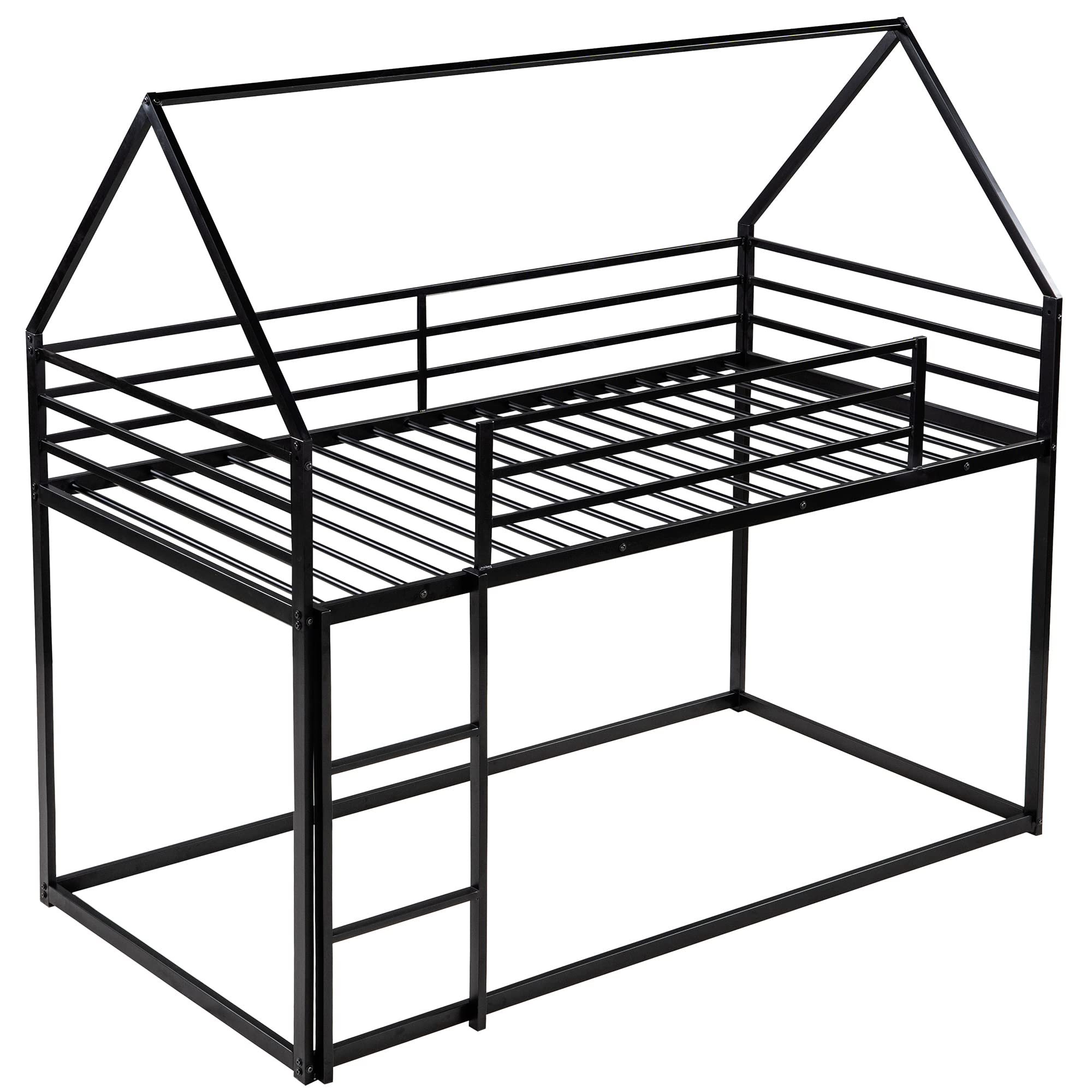**Metal Twin Over Twin Bunk Bed with Roof - Sturdy House Bunk Bed for Kids & Toddlers - Black - Perfect for Kids' Bedrooms, Playrooms & Small Spaces**