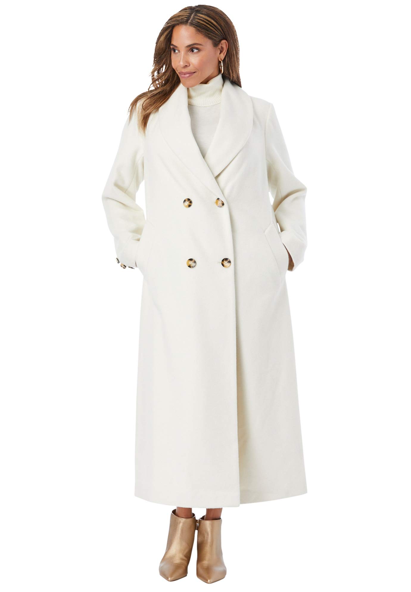 Jessica London Women's Plus Size Long Shawl Collar Wool Coat - Warm Winter Overcoat for Office, Travel & Formal Occasions