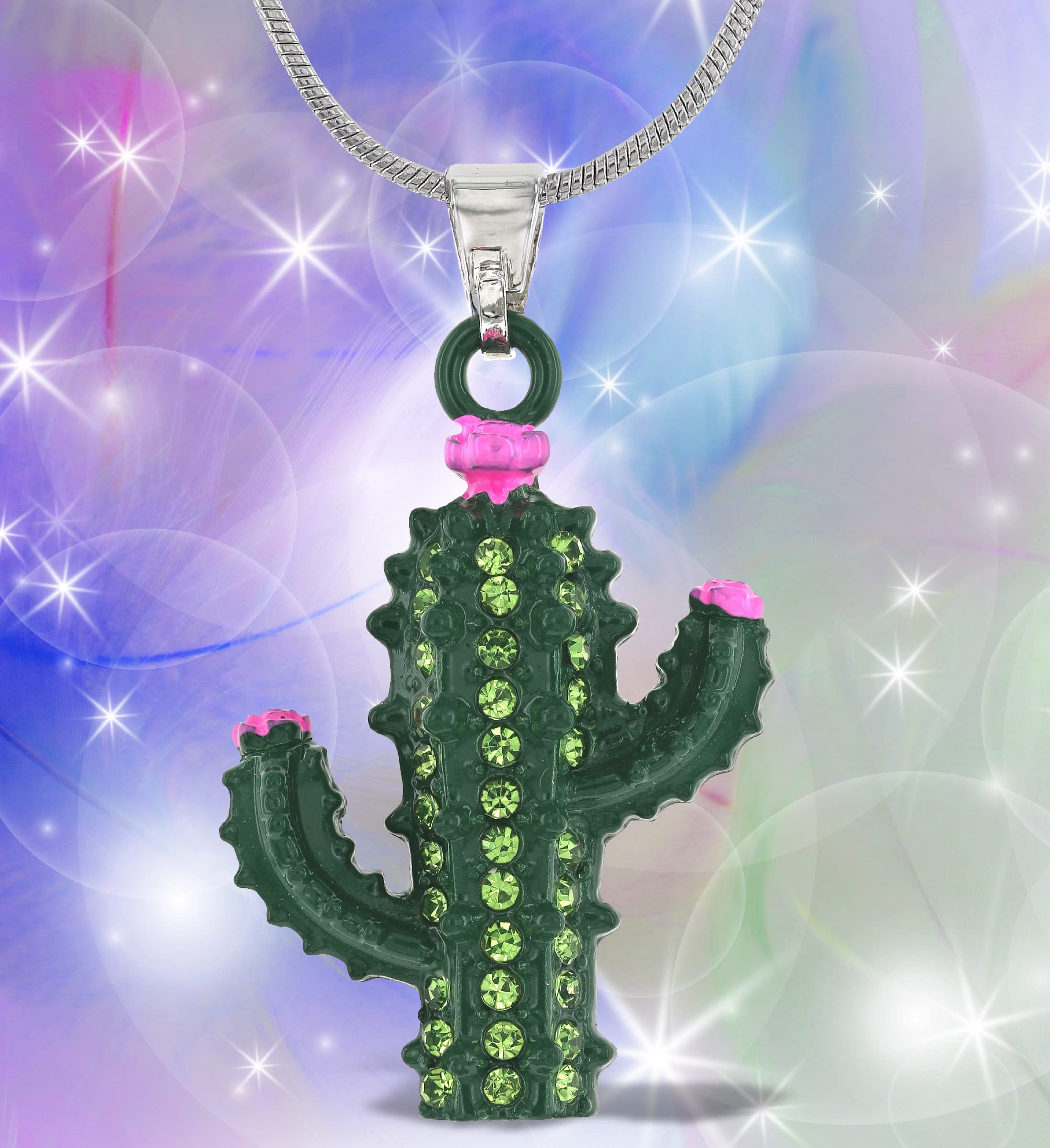 Silver Cactus Sparkling Crystal Pendant Necklace - Elegant Southwest Jewelry with Shiny Cactus Charm, 18