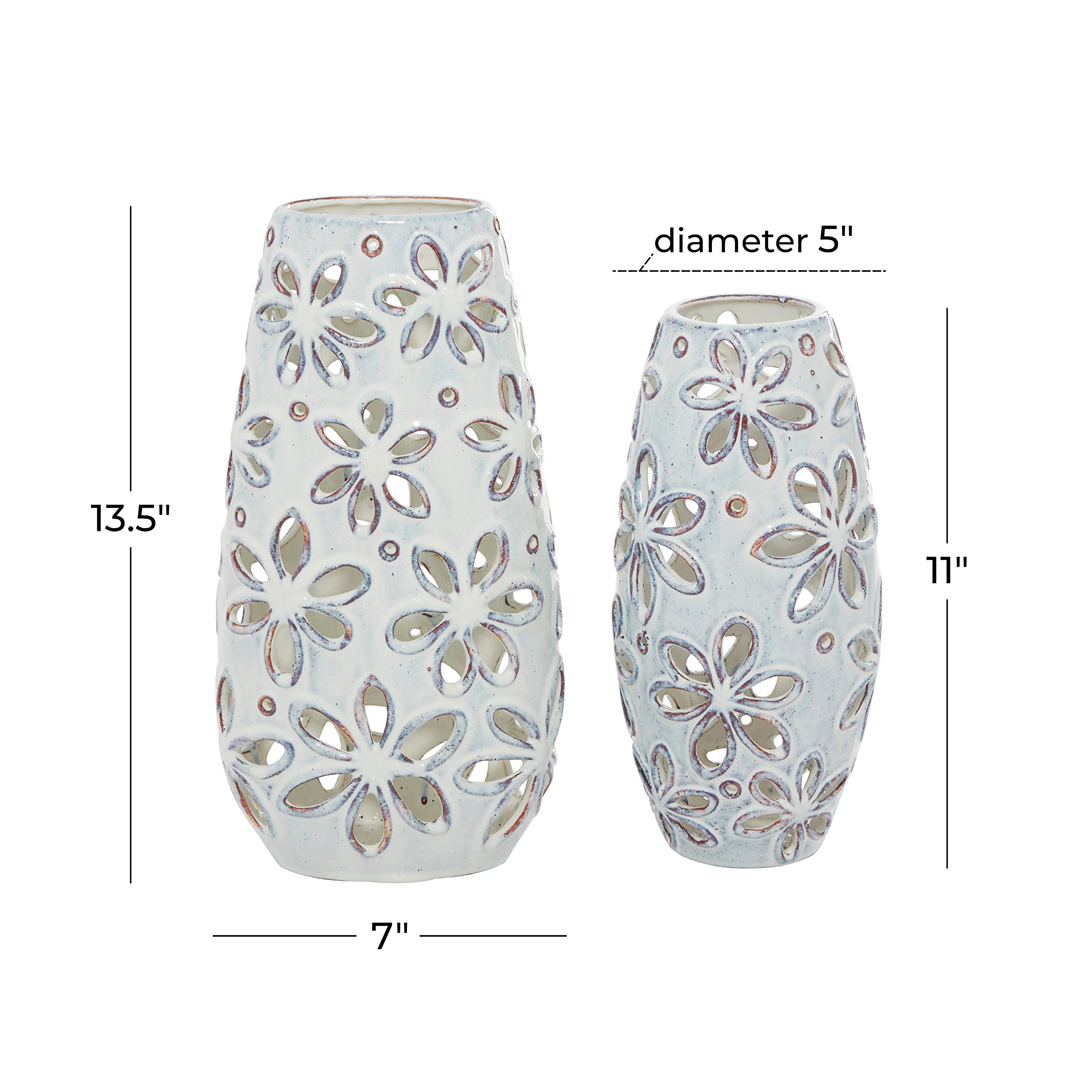 Deco 79 Handmade Ceramic Floral Vase Set of 2 - White Daisy Cut Out Centerpiece for Home Decor, 14