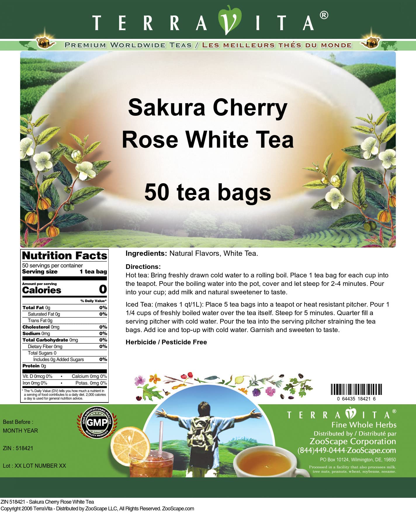 Premium Sakura Cherry Rose White Tea - 50 Tea Bags (ZIN: 518421) | Floral Herbal Tea for Relaxation, Afternoon Tea & Gift Giving