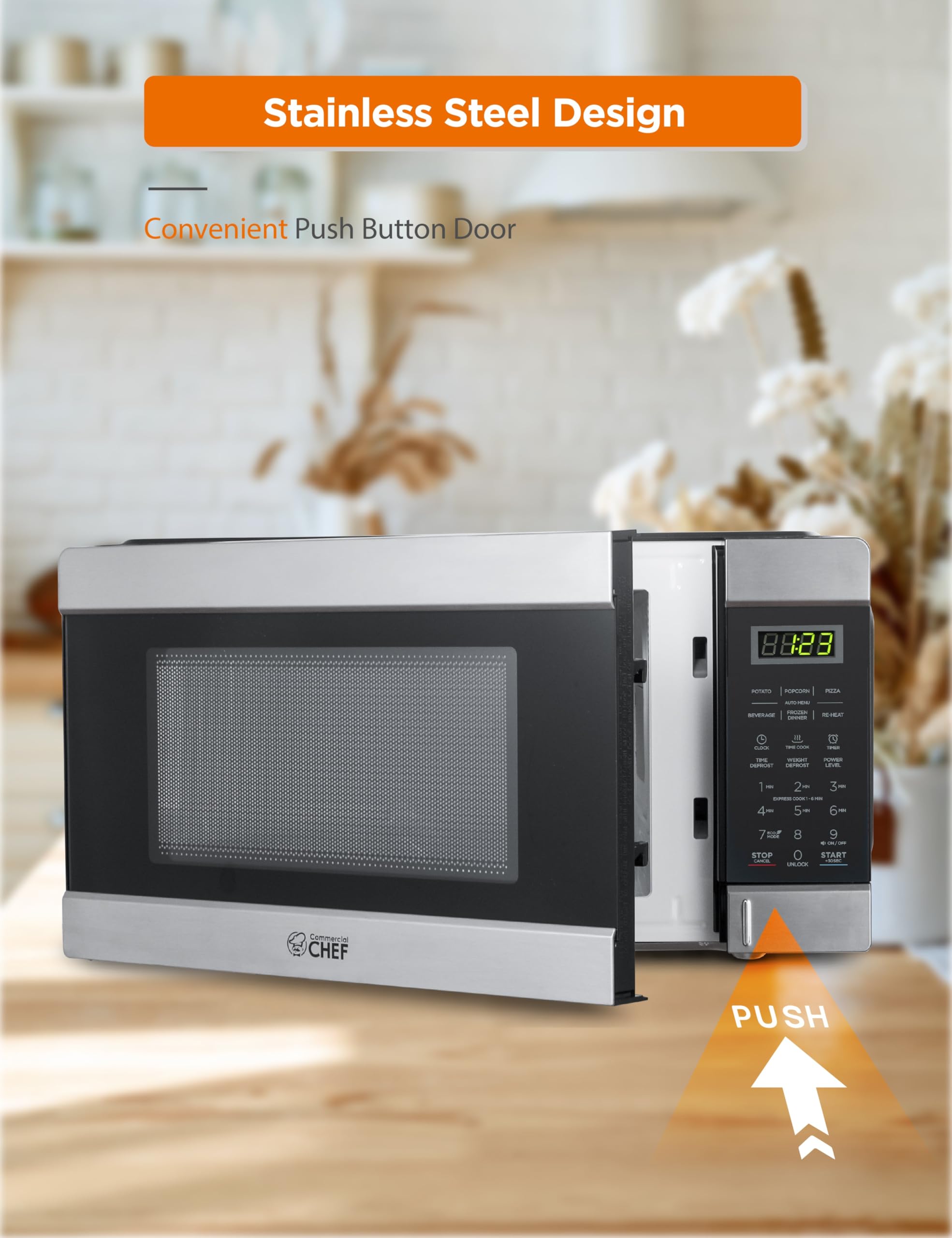 Commercial CHEF 1.1 Cu. Ft. Countertop Microwave Oven - Stainless Steel & Black - Perfect for Restaurants, Offices & Small Kitchens