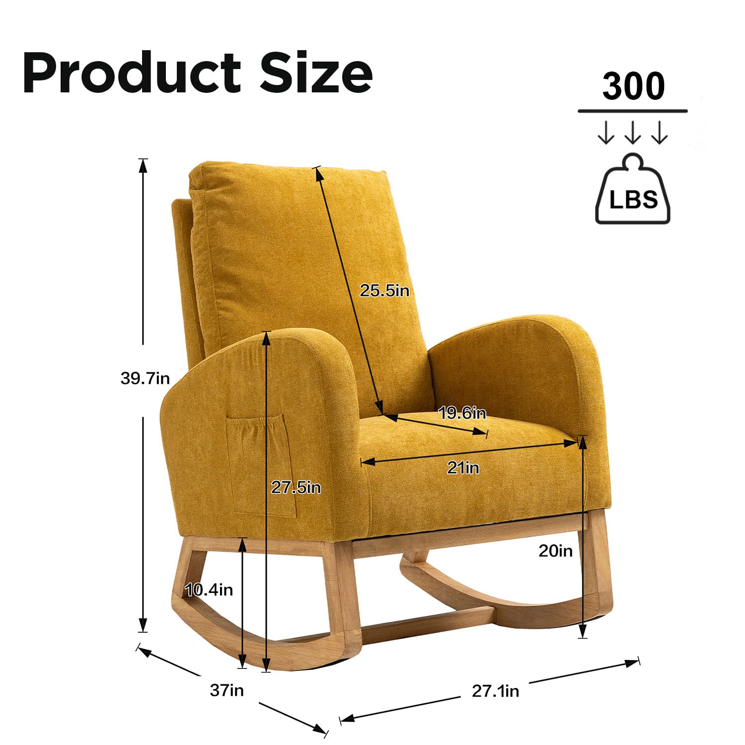 Modern Upholstered Glider Rocker Chair - Nursery Rocking Chair with Side Pocket, Comfortable Armchair for Living Room, Bedroom & Nursery (Yellow) - Perfect for Breastfeeding, Relaxing & Nursery Decor