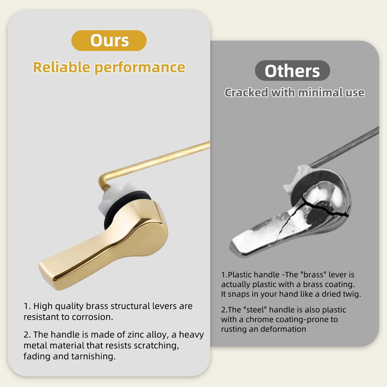 iFealClear Universal Toilet Tank Flush Lever - Polished Gold Front Mount Replacement with 2 Stainless Steel Flapper Chains - Easy Installation Solid Brass - Perfect for Bathroom Renovation & Home Improvement Projects