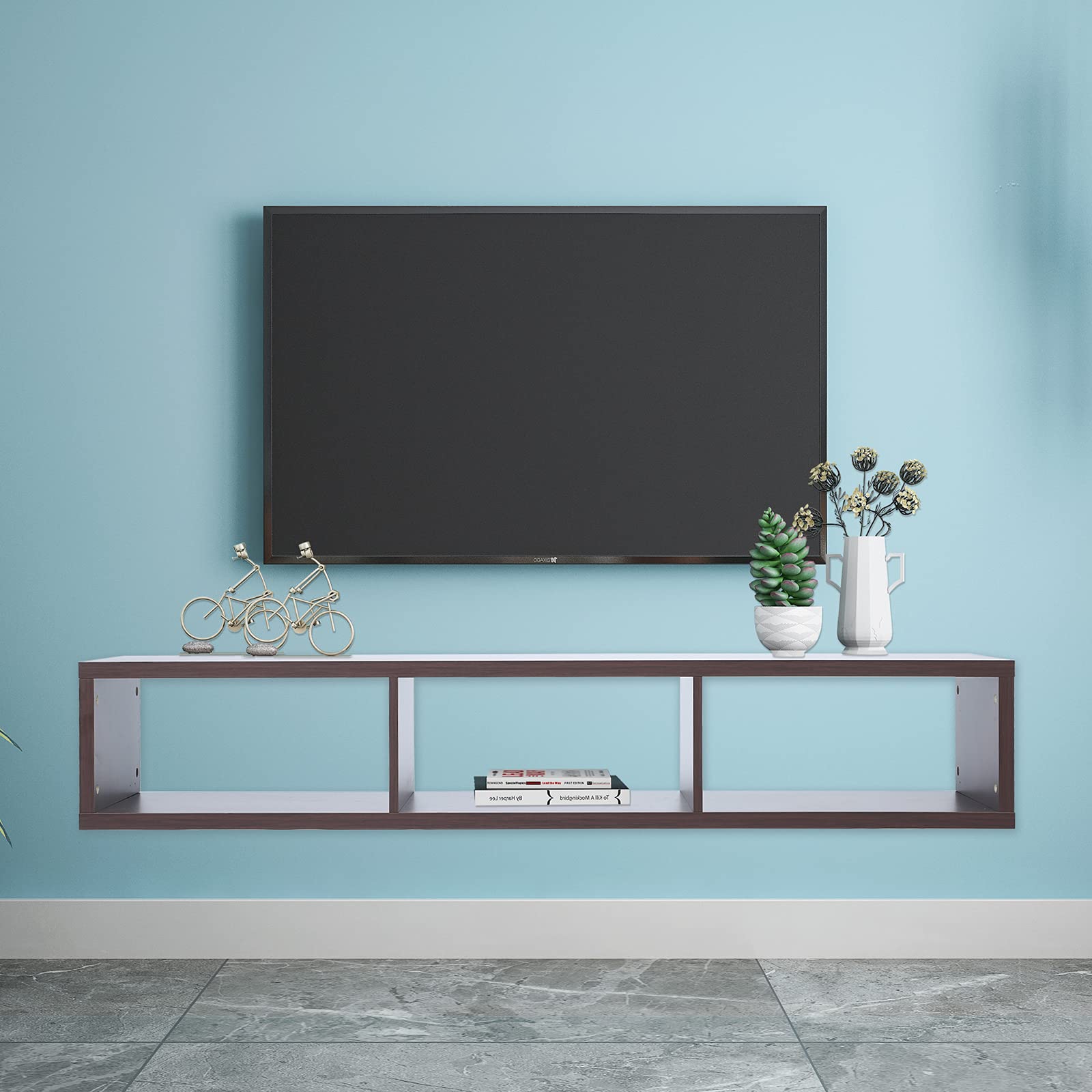 Floating TV Shelf Wall Mounted Media Console - 2 Tier Modern TV Stand with 3 Storage Compartments for 60 Inch TV - Space Saving Living Room Furniture for Home Entertainment (Brown)