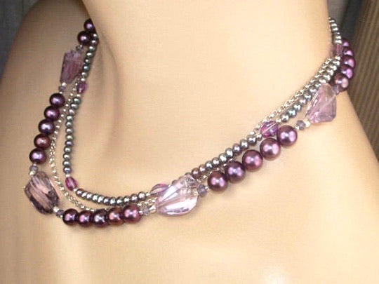 Elegant Amethyst and Pearl Multi-Strand Necklace for Women | Triple Strand Beaded Jewelry | Perfect for Weddings, Parties & Special Occasions