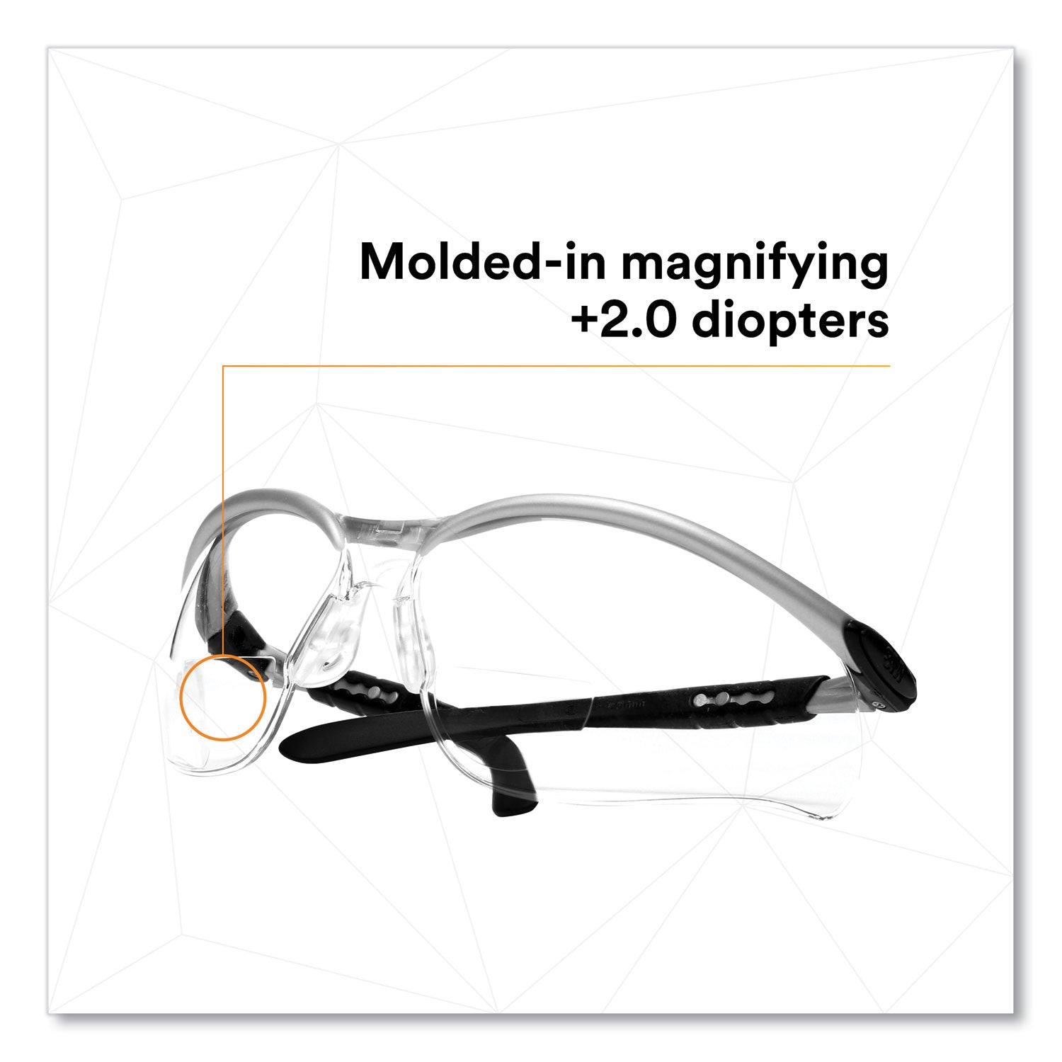 3M™ BX Molded In Diopter Safety Glasses - 2.0+ Diopter Strength, Silver/Black Frame, Clear Lens - Protective Eyewear for Construction, Woodworking & DIY Projects