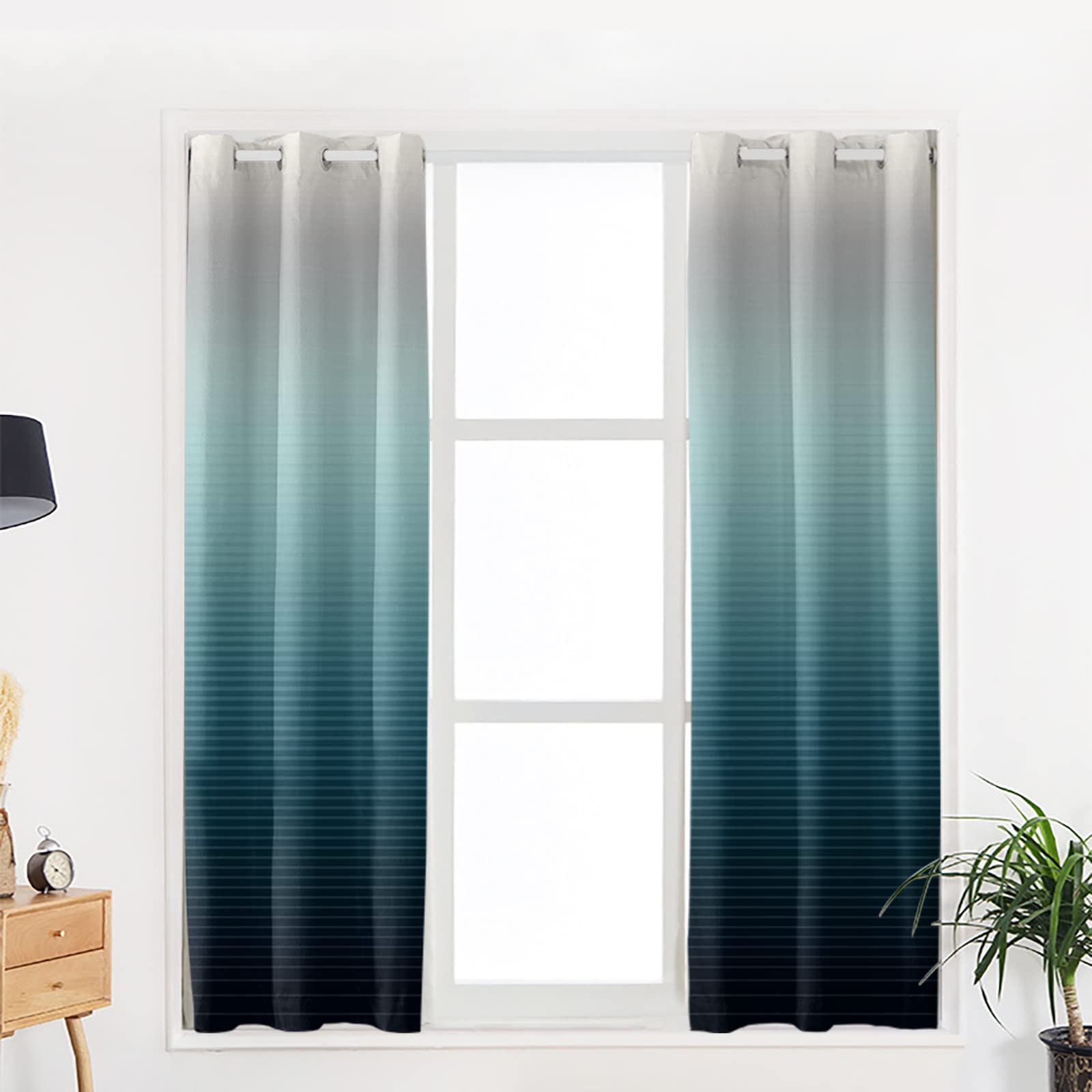 Teal Grey Ombre Stripe Gradient Blackout Curtains - Thermal Insulated Room Darkening Window Drapes for Living Room & Bedroom (2 Panels, 42x84 Inches) - Perfect for Home Decor, Privacy & Energy Efficiency