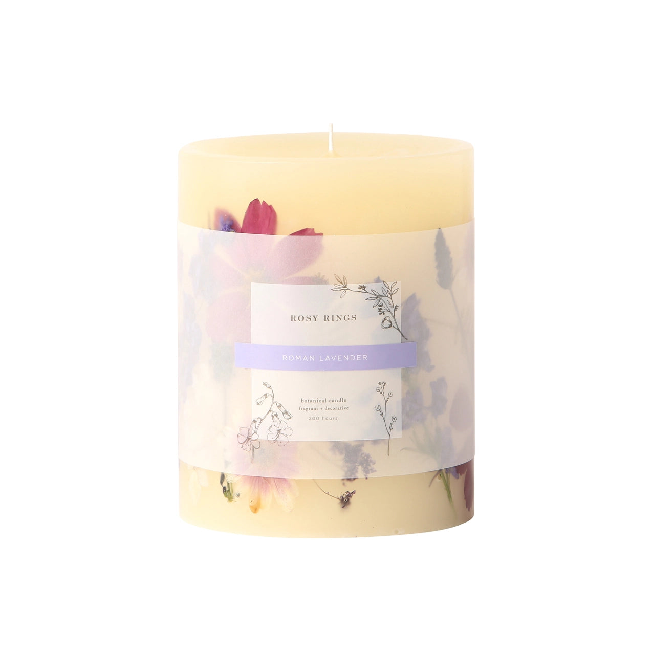 Roman Lavender Scented Medium Botanical Pillar Candle - Natural Soy Wax for Home Decor, Wedding Centerpieces & Relaxation - Aromatherapy Gifts for Women & Men