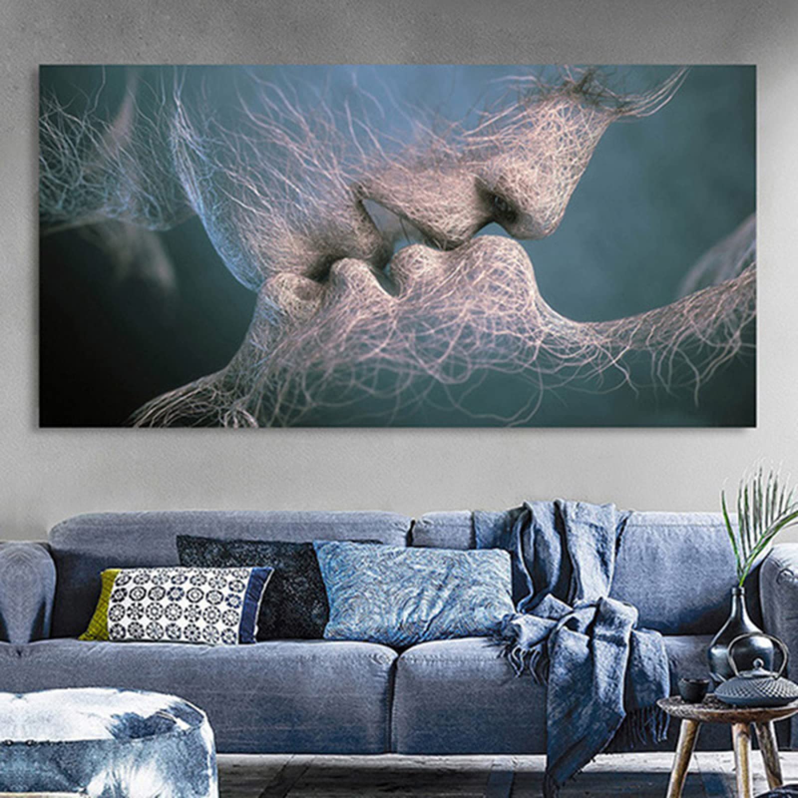 Black and White Abstract Love Kiss Canvas Wall Art Print - 60x120cm Frameless Home Decor for Living Room, Bedroom & Office