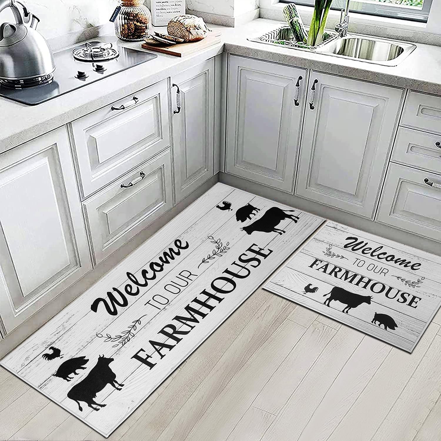 2 Pcs Washable Non-Slip Kitchen Rugs Set - Cushioned Farmhouse Mats for Floor, Sink, Bathroom, Home Decor - Perfect for Kitchen Runner & Standing Comfort