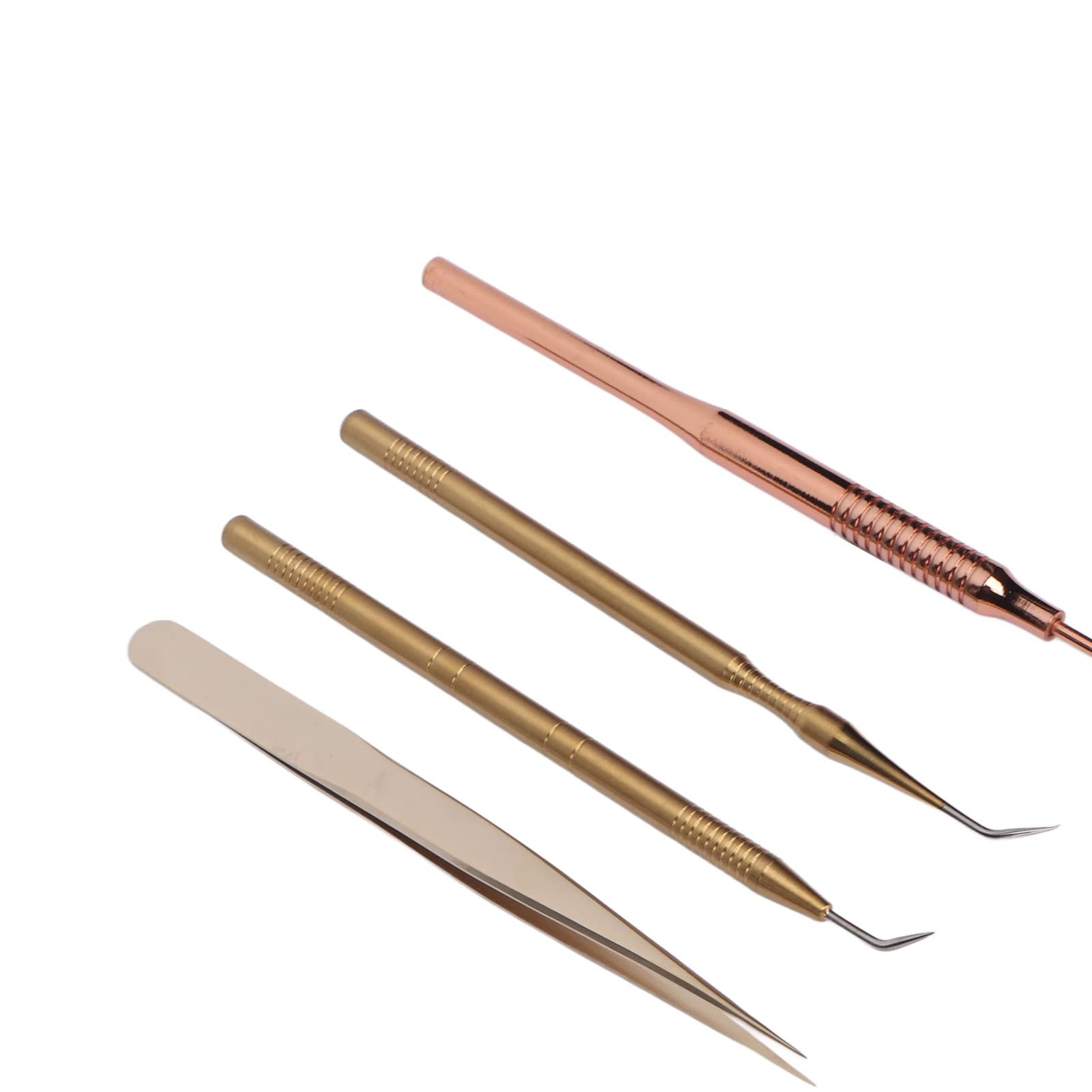**4PCS Rose Gold Eyelash Extension Mirror & Tweezers Set - Stainless Steel Non-Slip Beauty Salon Tools for Professional Lash Artists & DIY Home Use**