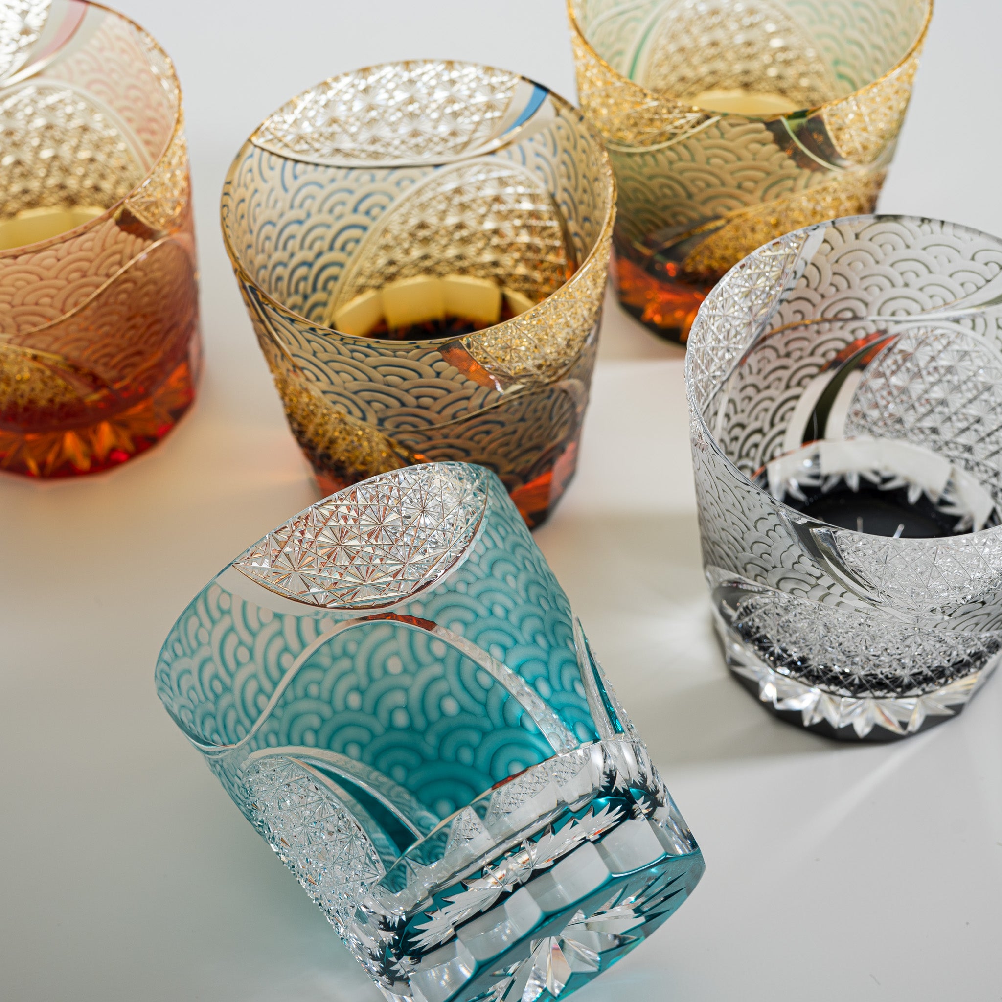 Yamada Crystal Glass Rock Tumblers - Set of 4 Wave Design Green Drinking Glasses for Whiskey, Cocktails & Home Bar Decor