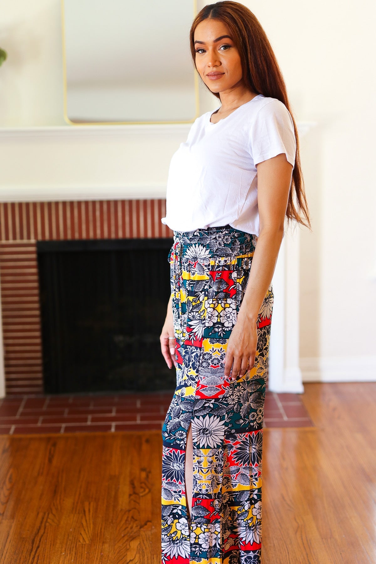 Vacay Vibes Teal Floral Smocked Waist Palazzo Pants with Side Slit - Boho Chic Beachwear for Women, Perfect for Vacation, Summer Outfits & Casual Wear