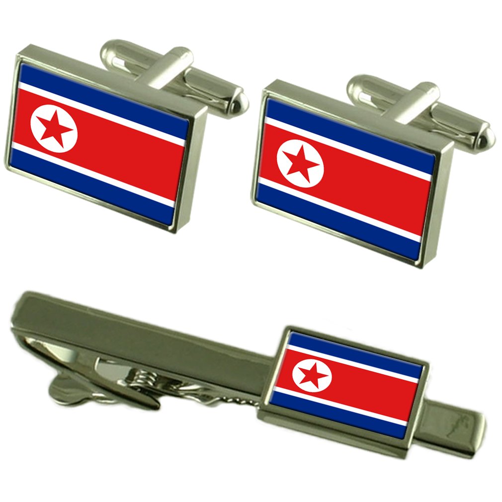 North Korea Flag Cufflinks & Tie Clip Set - Premium Stainless Steel Formal Accessories Gift Box for Men - Perfect for Business Meetings, Weddings & Patriotic Events