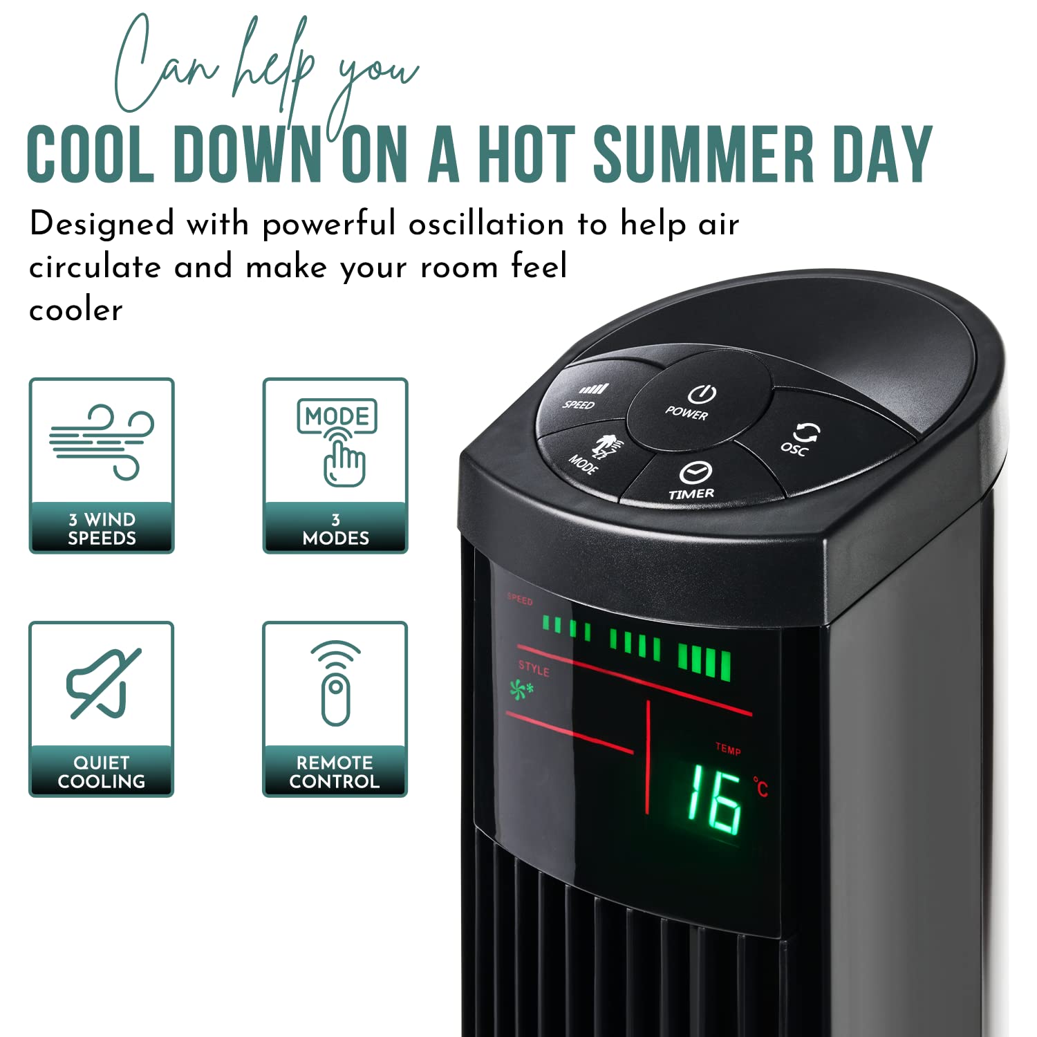 SA Products 36” Oscillating Tower Fan with Remote - 3 Speed Settings, 3 Modes, LED Display & Timer - Ultra Quiet Standing Floor Fan for Bedroom, Office, Living Room - Perfect for Home Cooling, Nursery & Workspaces - Black