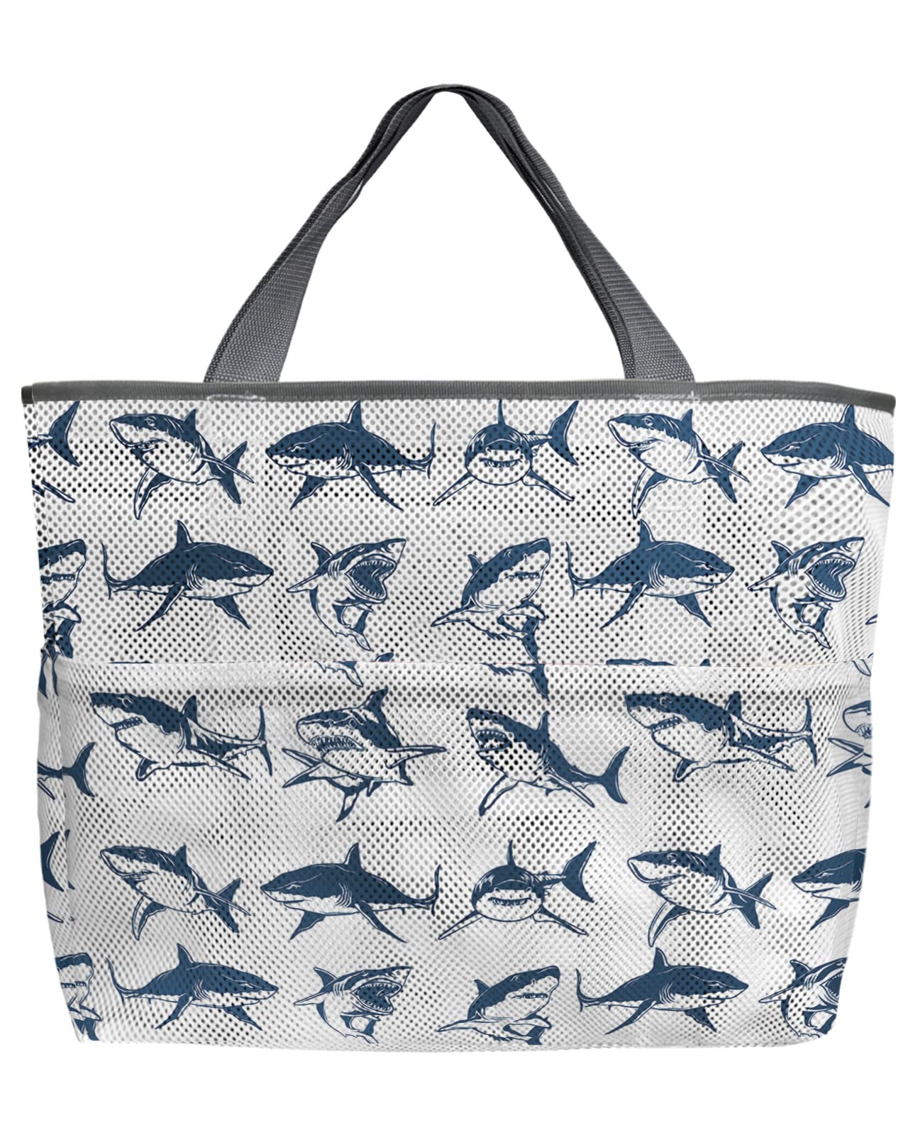 Mesh Beach Tote Bag - 60L Oversized Nautical Shark Pattern Quick-Dry Swim Bag with Pockets | Foldable Storage Net Bag for Pool, Beach & Groceries (24x16x9 Inches) | Perfect for Summer Vacations, Water Sports & Shopping Trips