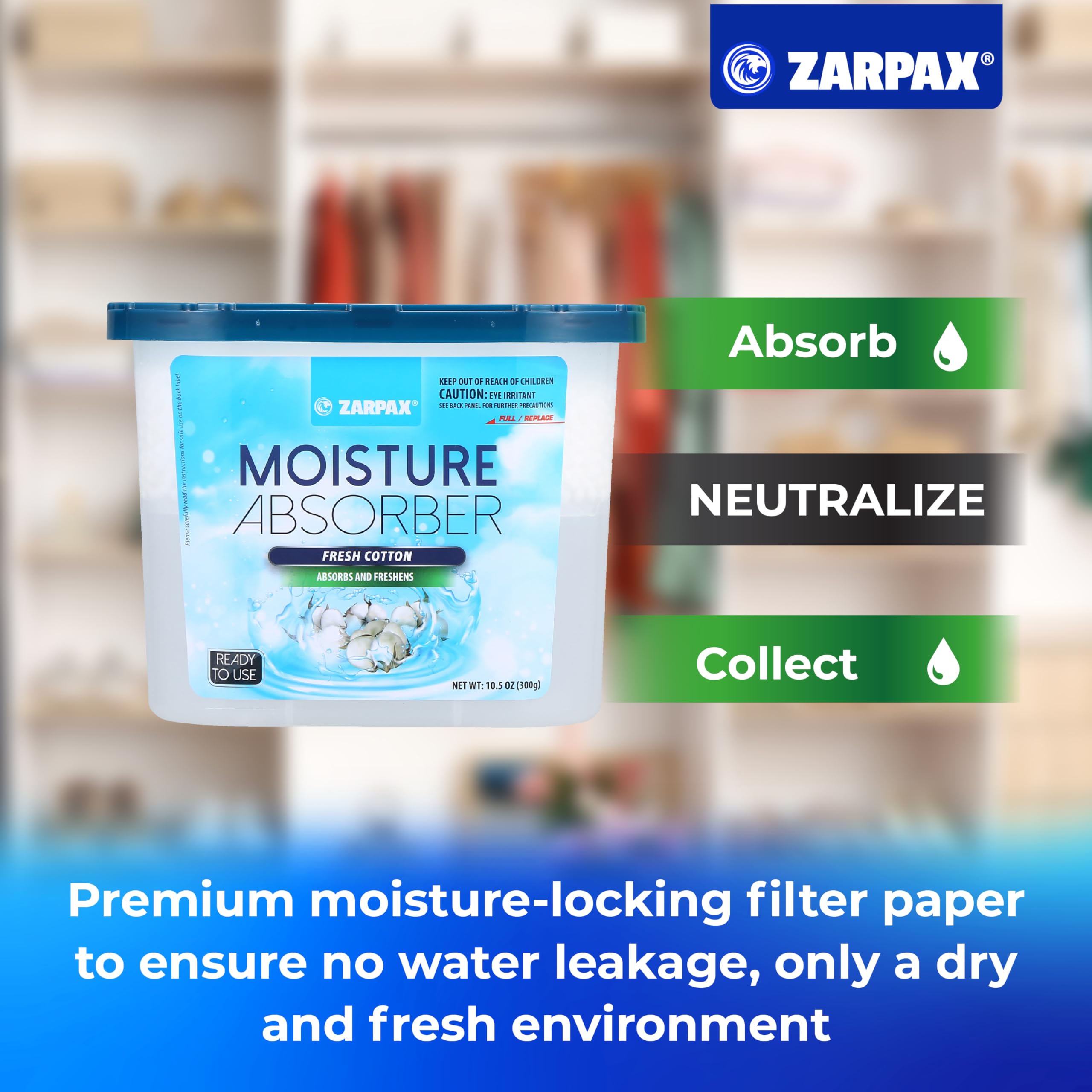 Moisture Absorber with Fresh Cotton Scent - 10.5 oz/300g (Pack of 4) | Eliminates Dampness, Humidity & Musty Odors | Ideal for Bathroom, Closet, Kitchen & Basement | Long-Lasting Dehumidifier for Home & RV Use