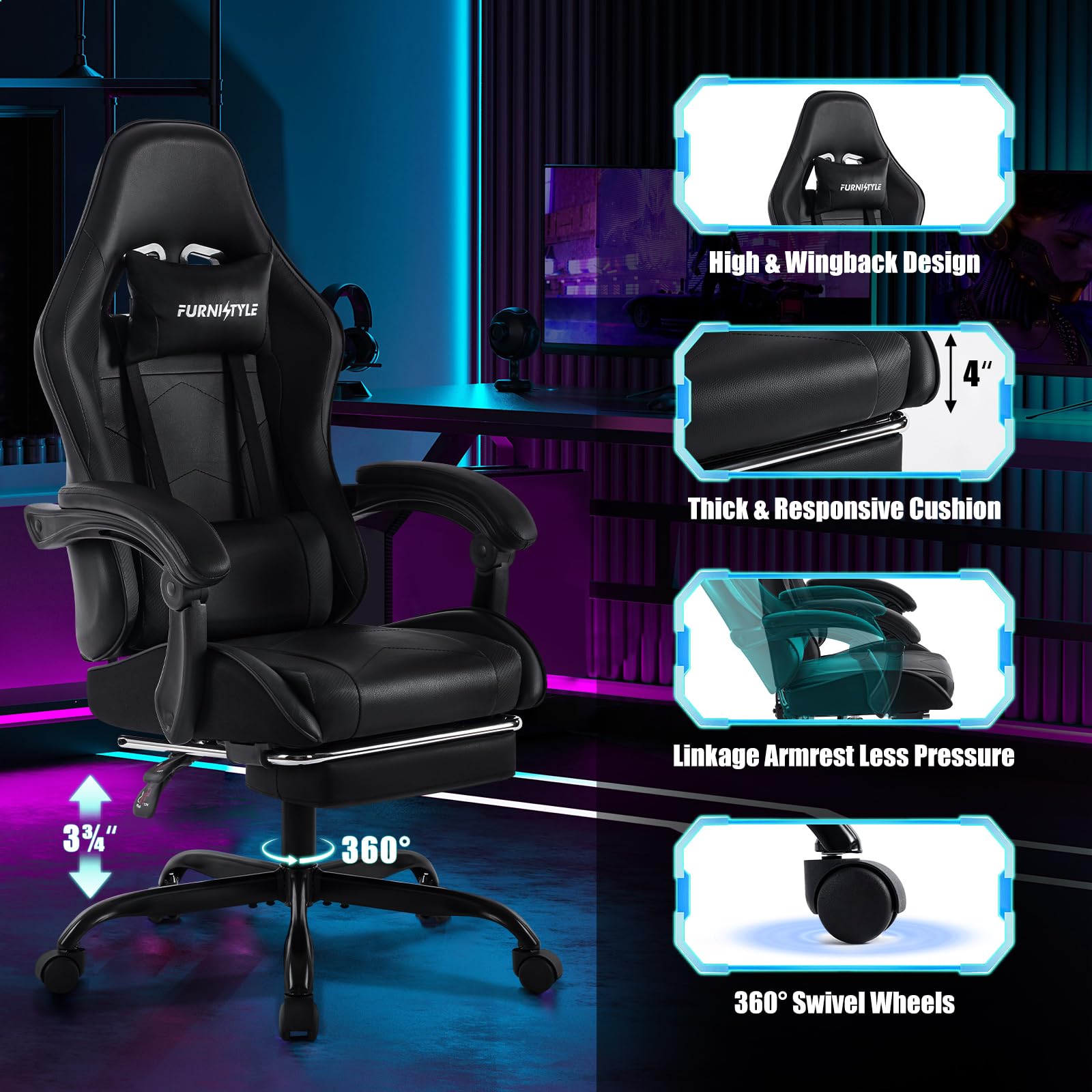Ergonomic Gaming Chair with Footrest & Lumbar Support - Adjustable Reclining Swivel Office Chair for PC Gamers & Teens - High Back PU Leather Computer Desk Chair - Perfect for Esports, Streaming & Home Office Work