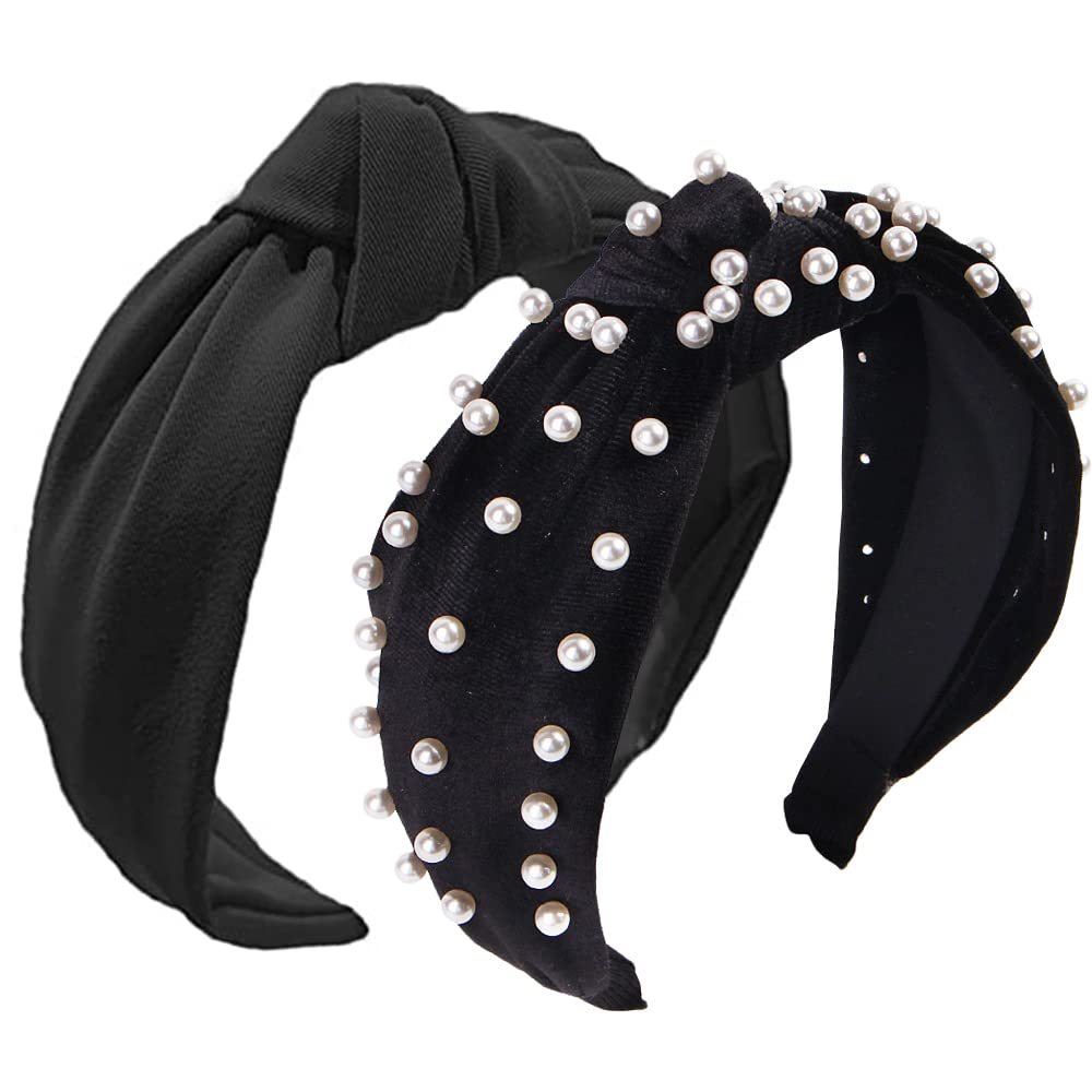 2PCS Women's Fashion Headbands - Etercycle Bow Knotted Wide Elastic Hair Bands for Yoga, Workouts & Daily Wear (Black & Black Pearl) - Comfortable Non-Slip Hair Accessories for Women & Girls