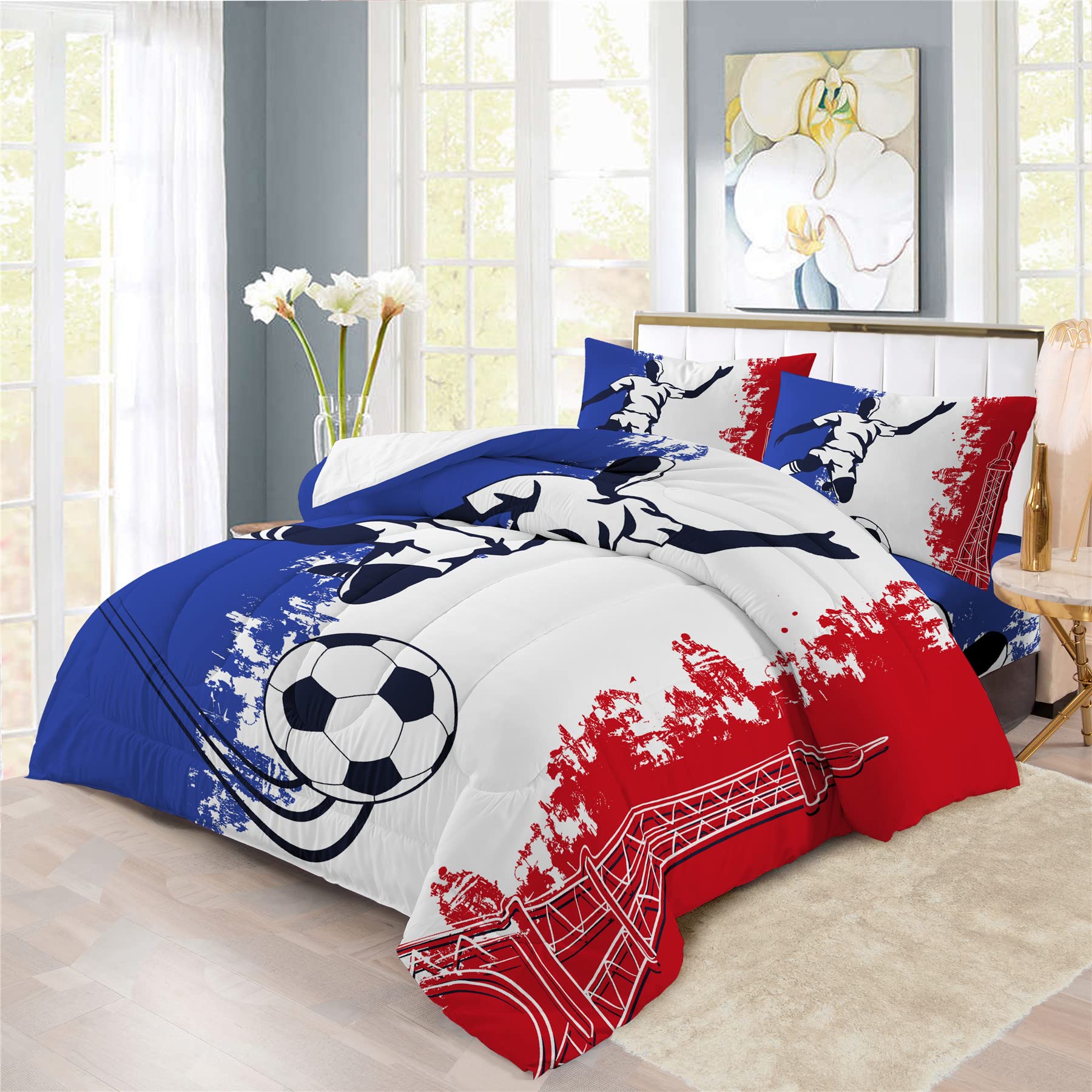 France National Football Team Bedding Set - Gallic Rooster Printed Comforter with 2 Pillow Shams (3PCS) or Sheet Set (4PCS) | Soft Duvet Cover for Queen Size Bed | Perfect for Soccer Fans' Bedroom Decor & Game Day Themed Rooms