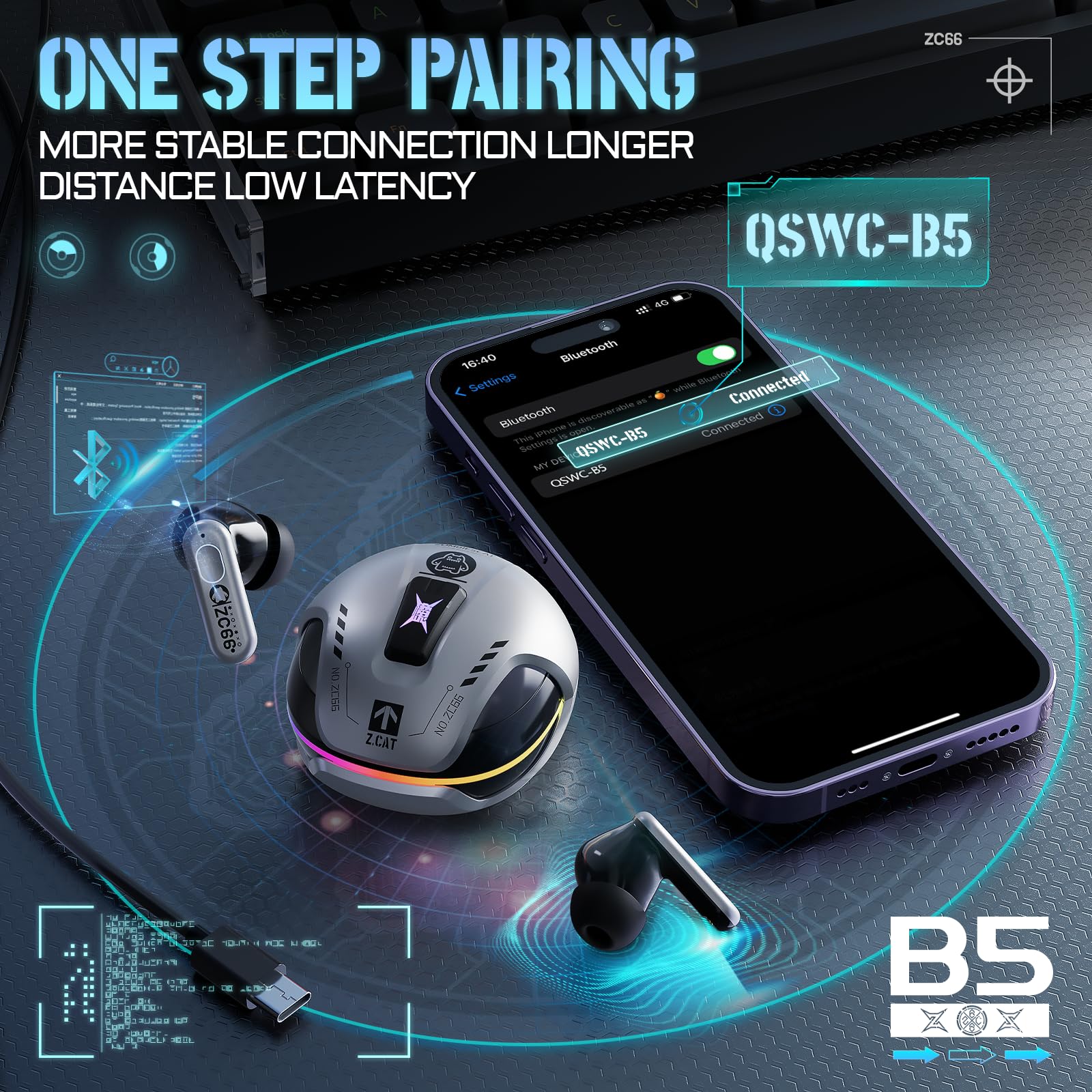 Wireless Active Noise Cancelling Earbuds Bluetooth 5.4 with 60H Playtime, 4 Mic ENC for Clear Calls, RGB Light - B5 Silver | Perfect for Travel, Workouts & Office Use