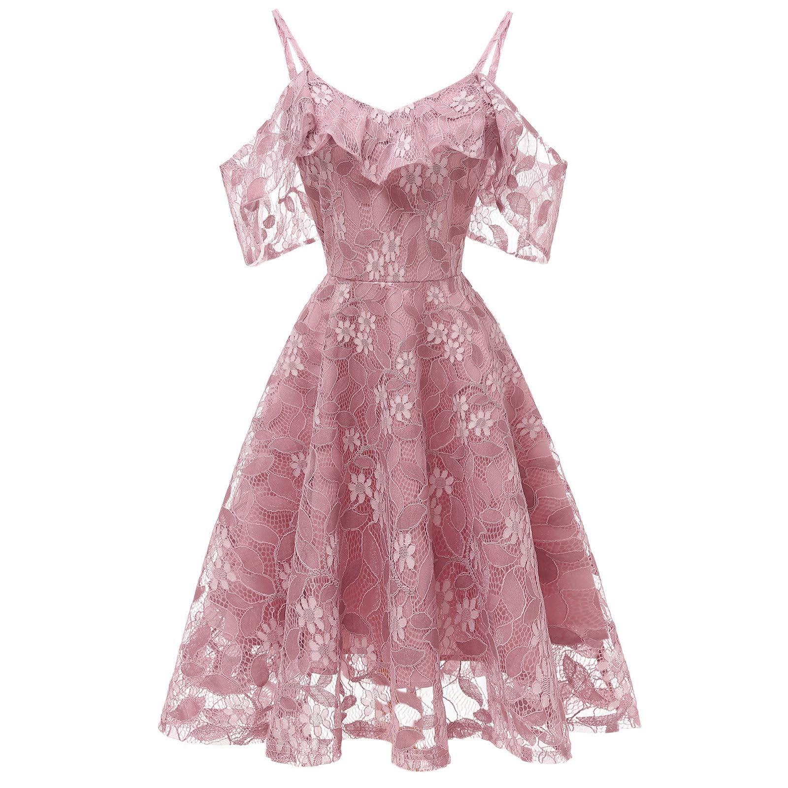 Women's Floral Lace Cold Shoulder Dress with Ruffle Sleeves - Pleated Knee Length Cocktail Party Gown for Evening Events, Prom, Wedding Guest & Special Occasions