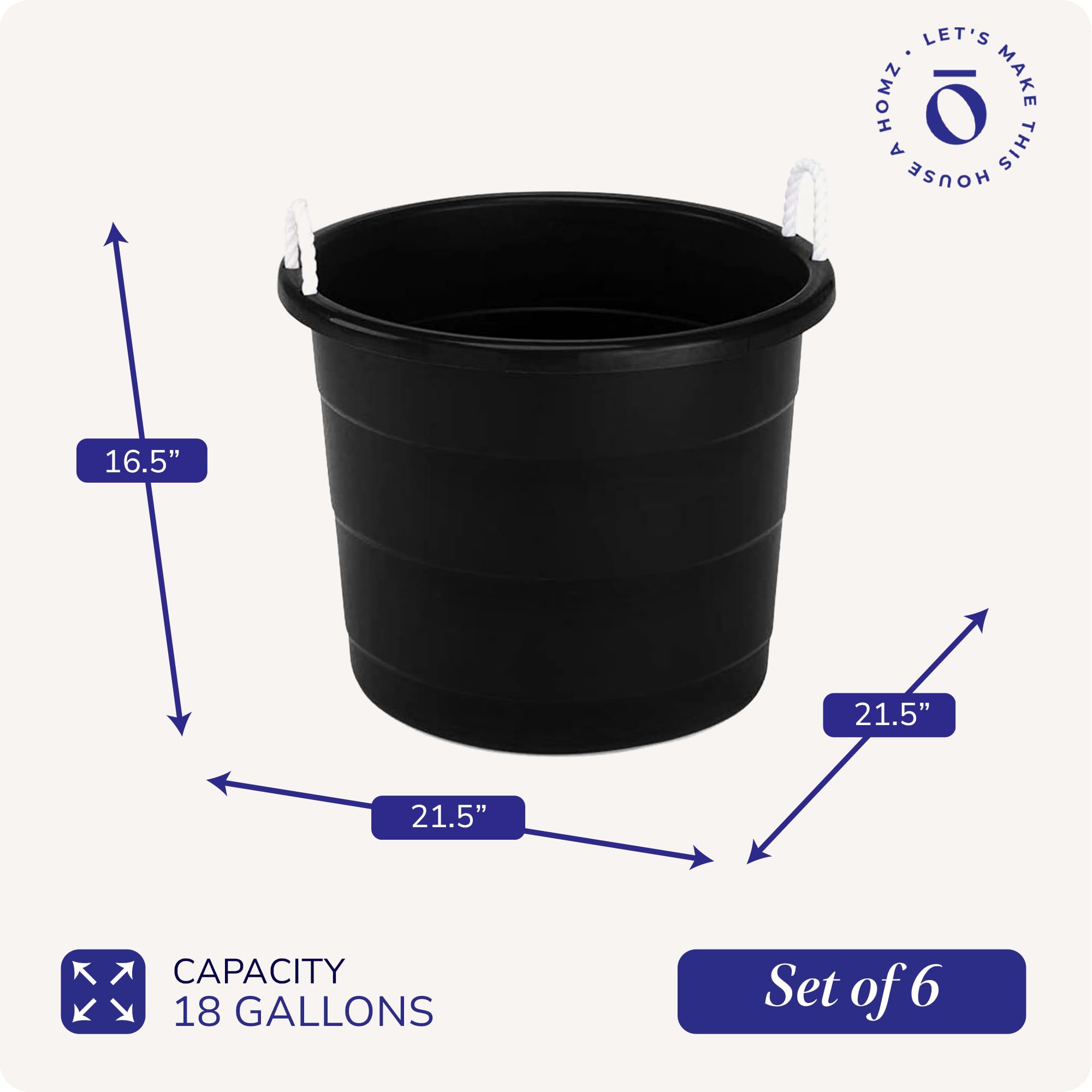 HOMZ 6-Pack 18 Gallon Large Plastic Storage Buckets with Rope Handles - Heavy Duty Utility Tubs for Organizing, Cleaning, and Outdoor Use - Black