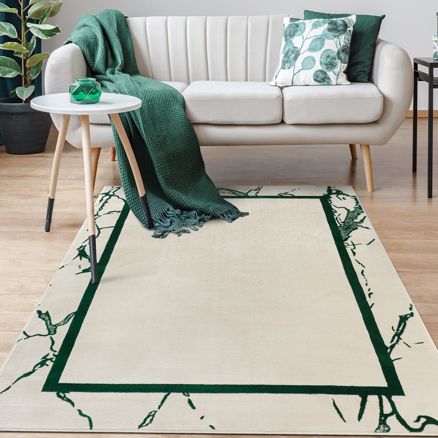 Antep Rugs Babil Gold 5x7 Modern Geometric Area Rug - Marble Border, Green & Cream (5'3