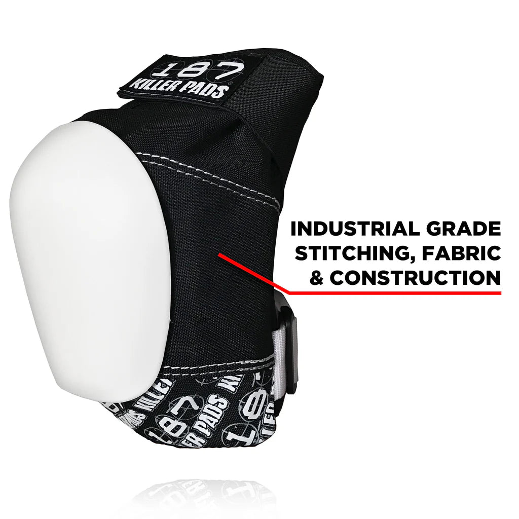 187 Killer Pads Pro Knee Pads - Black/White with White Caps - Protective Gear for Skateboarding, BMX, Rollerblading & Extreme Sports