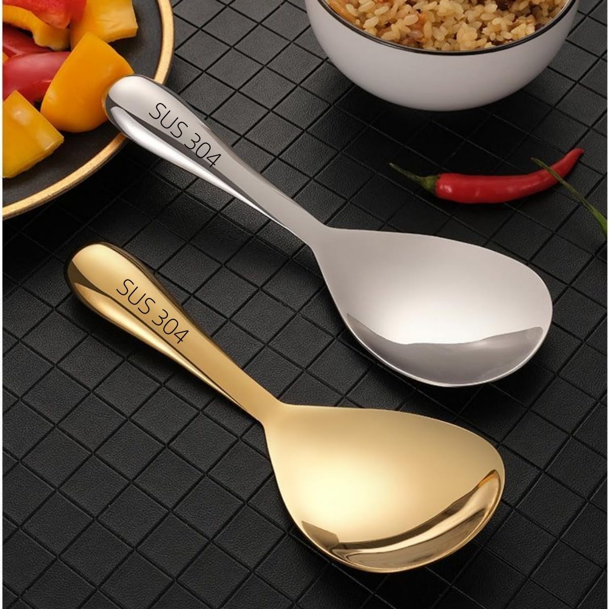 8 Inch Gold Rice Spoon - 304 Stainless Steel Rice Scooper & Paddle - Rust-Free Kitchen Utensil for Serving, Scooping & Stirring Rice - Perfect for Asian Cuisine, Buffets & Home Cooking