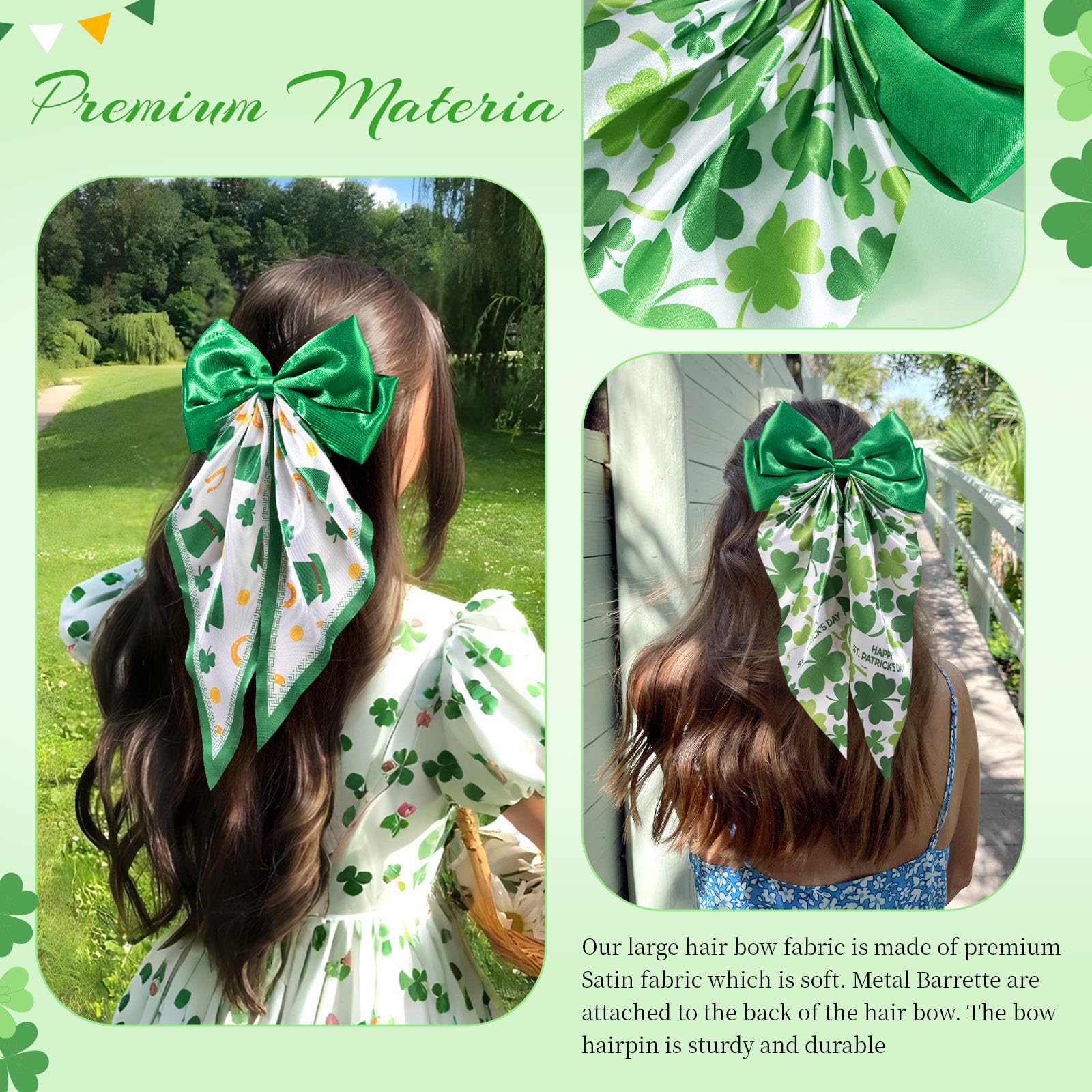 OAOLEER 2PCS St. Patrick's Day Hair Bows for Women & Girls - 8 Inch Green Satin Layered Hair Clips with Long Tail, French Style Hair Accessories for Parties, Weddings & Festive Events