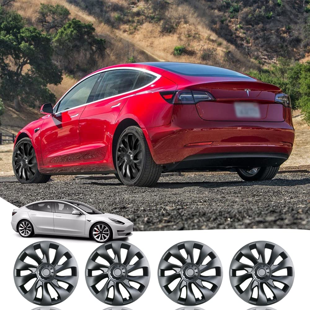Tesla Model 3 18-Inch Überturbine Wheel Covers (4-Piece Set) - Matte Black Aero Wheel Caps for 2017-2023 - Enhance Style & Protect Rims for Daily Driving & Road Trips