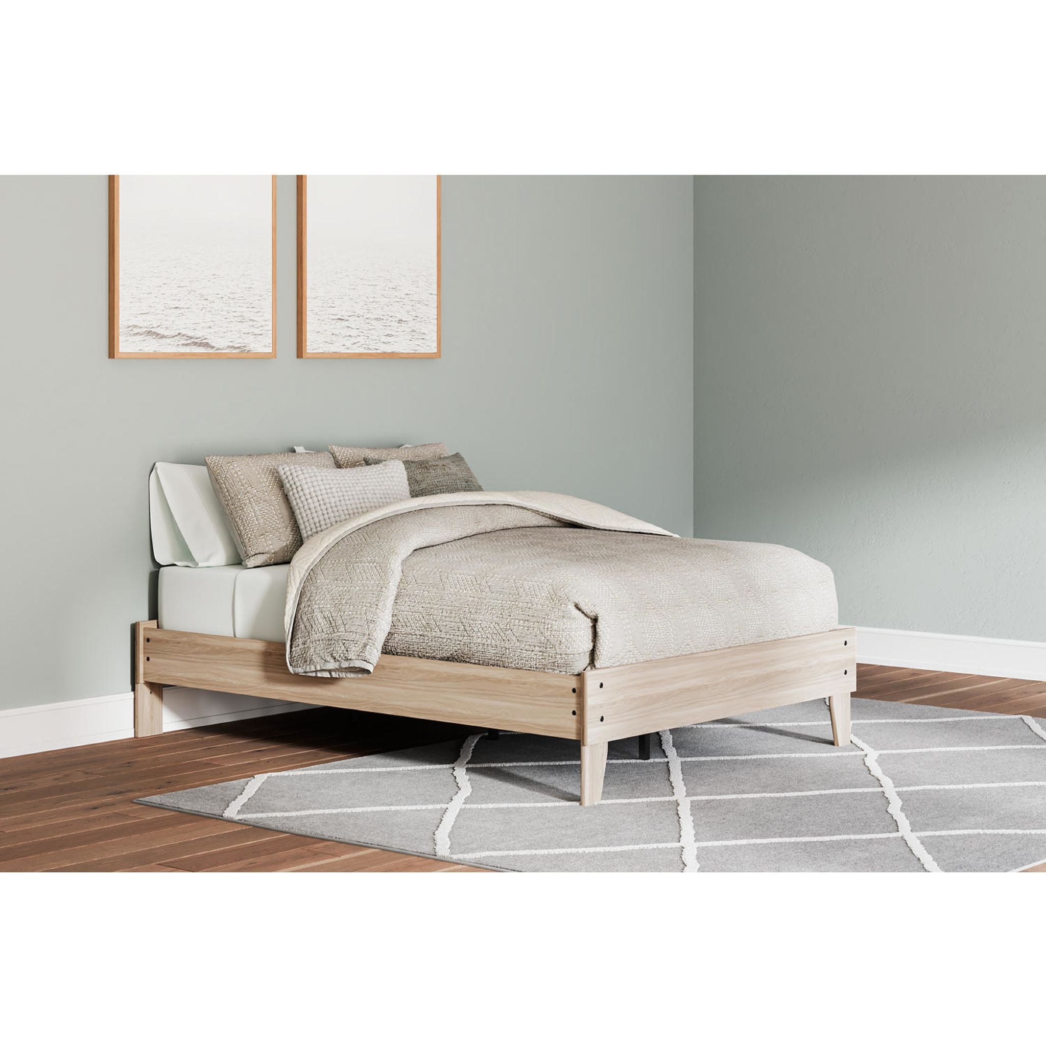 Battelle Queen Size Platform Bed Frame with Headboard - Tan Wooden Finish for Modern Bedroom Decor