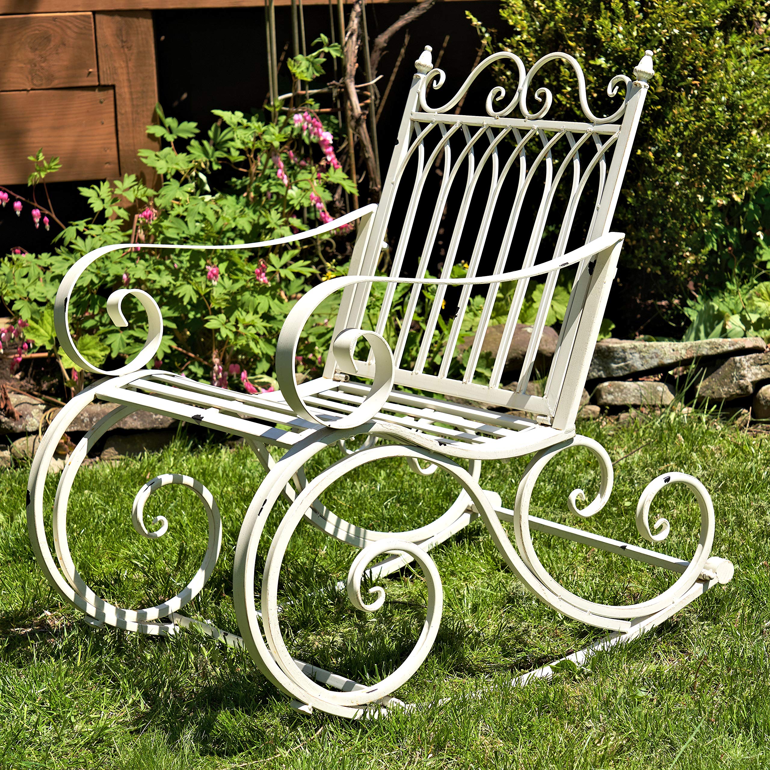 Zaer Ltd. Outdoor Metal Rocking Arm Chair - Antique White Patio Rocking Bench for Garden, Porch & Backyard Relaxation | Durable All-Weather Furniture for Outdoor Living Spaces