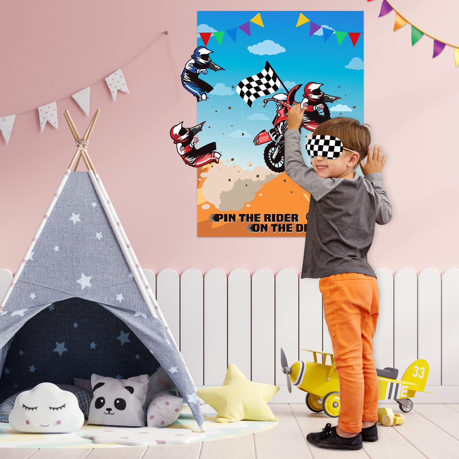 ASTARON Pin The Tail on The Rider - Motocross Party Game with 30 Driver Stickers for Dirt Bike Themed Parties, Baby Showers & Christmas Gifts - Fun Kids Game for Boys & Girls Birthday Celebrations