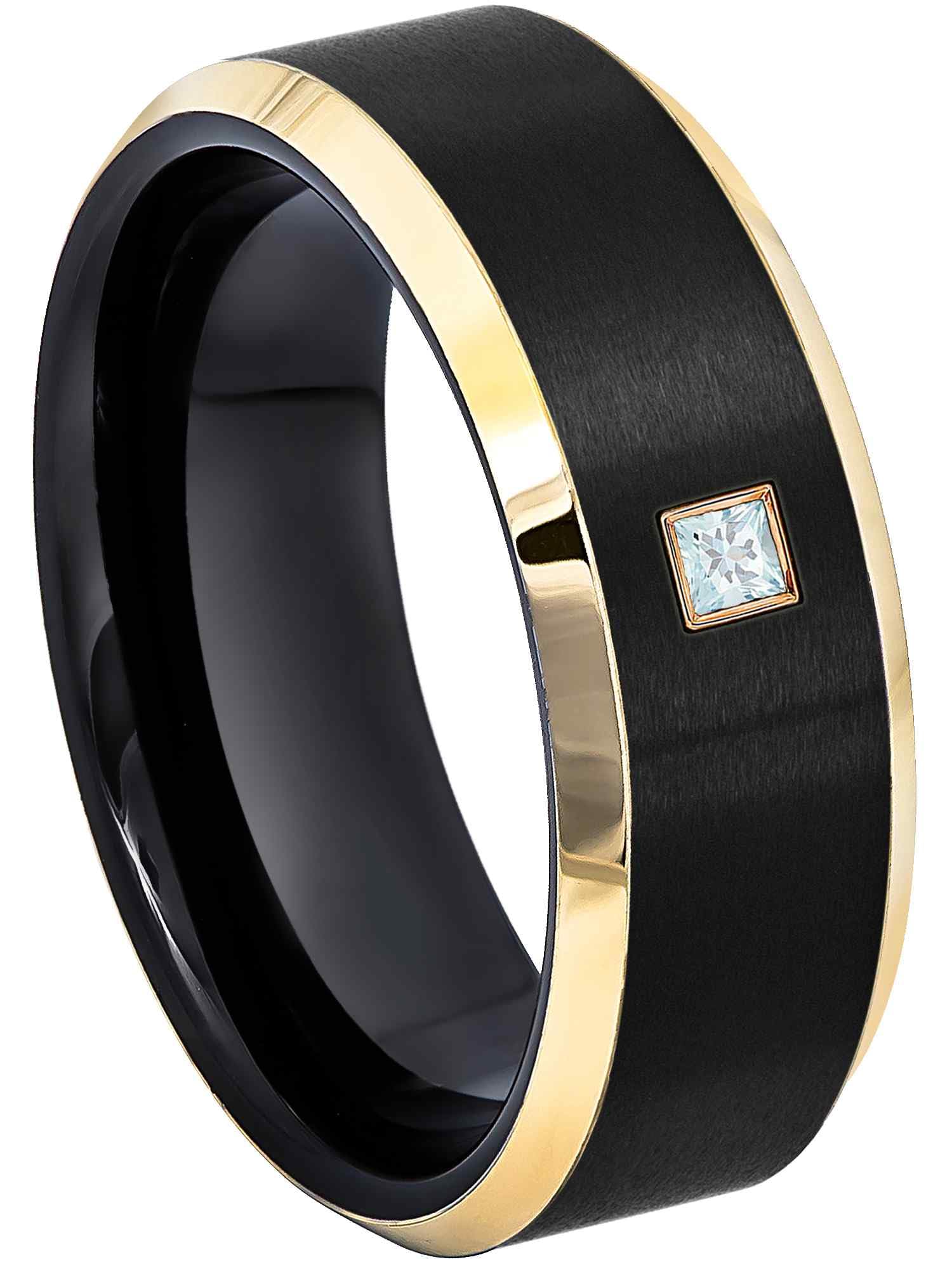0.05ctw - 0.10ctw Princess Cut Aquamarine March Birthstone Ring - Matte Black & Yellow Gold IP Beveled Edge Cobalt Men's Wedding Band - Elegant Jewelry Gift for Anniversary, Engagement & Special Occasions