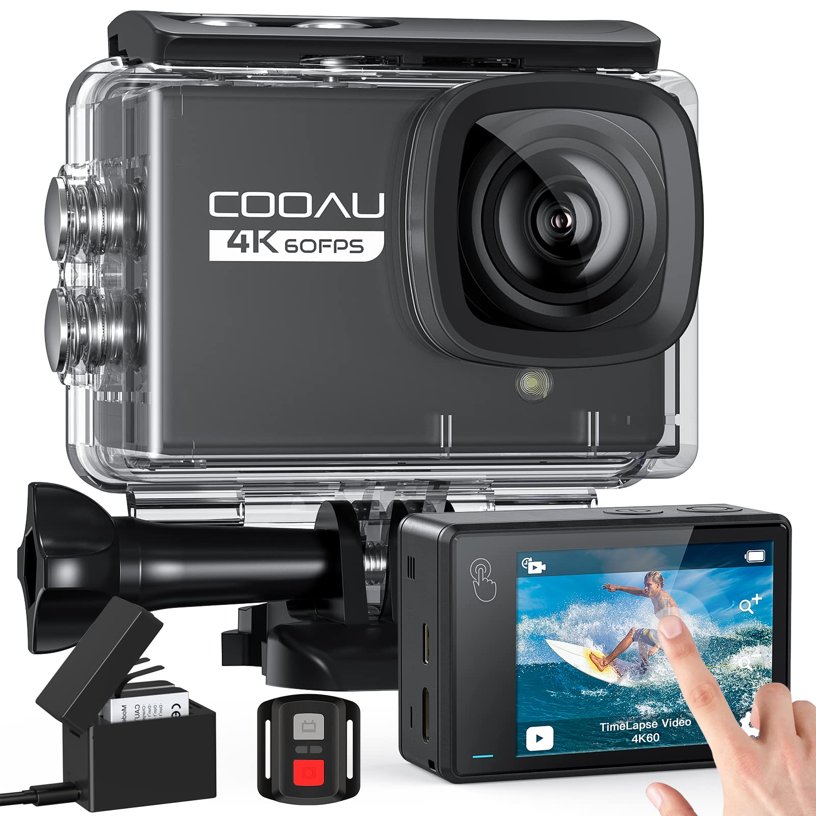 COOAU 4K WiFi Action Camera with Touch Screen, 64MP Underwater Camera, 40M Waterproof, External Mic, Remote Control, EIS Stabilization, 170° Wide Angle, 2x 1350mAh Batteries - Perfect for Sports, Travel, Vlogging & Outdoor Adventures
