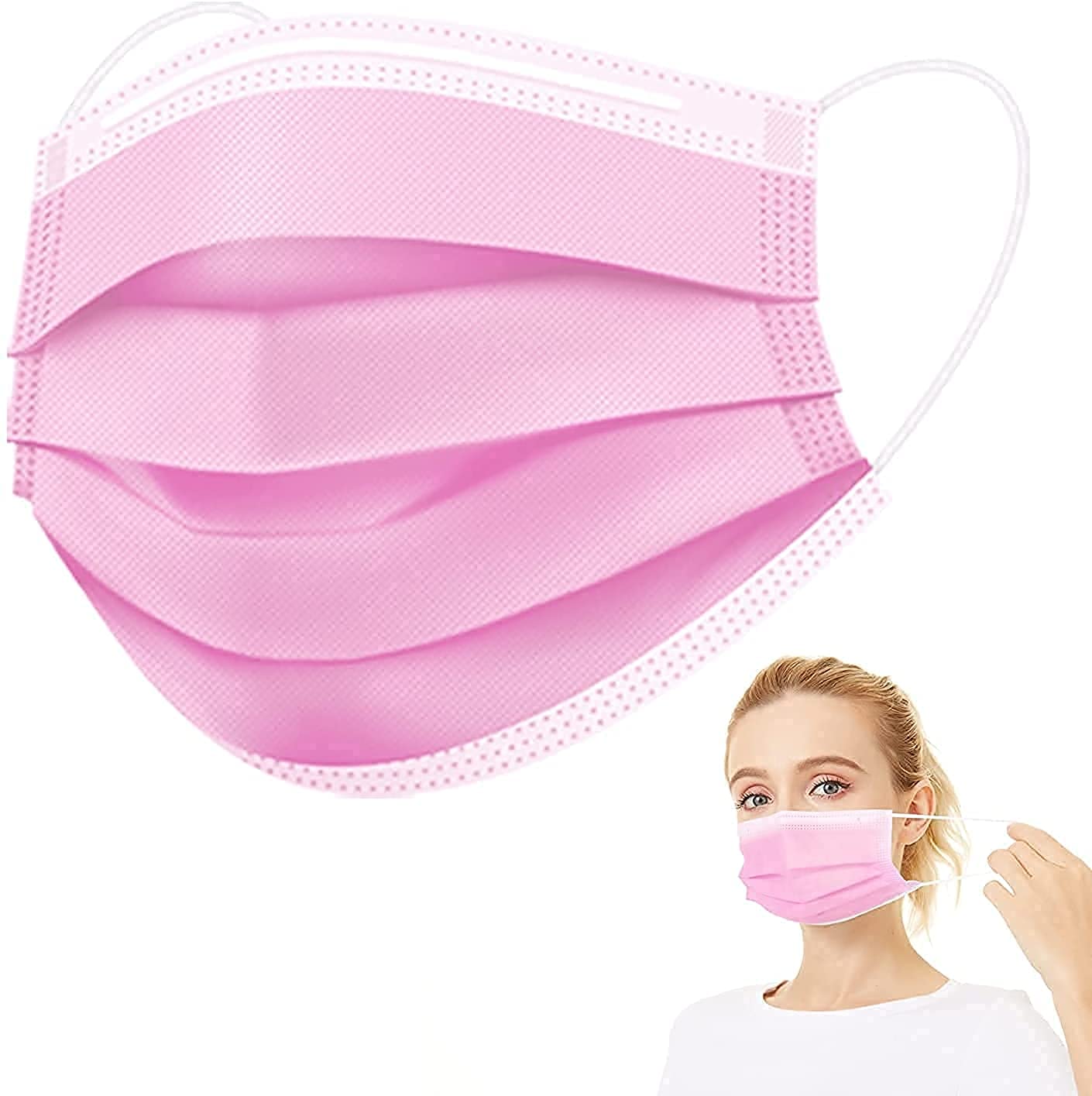 Wisezag 100-Pack Pink Disposable Face Masks for Women - 3-Ply Meltblown Fabric, Nose Clip, Breathable & Comfortable - Ideal for Daily Use, Travel, and Pollution Protection