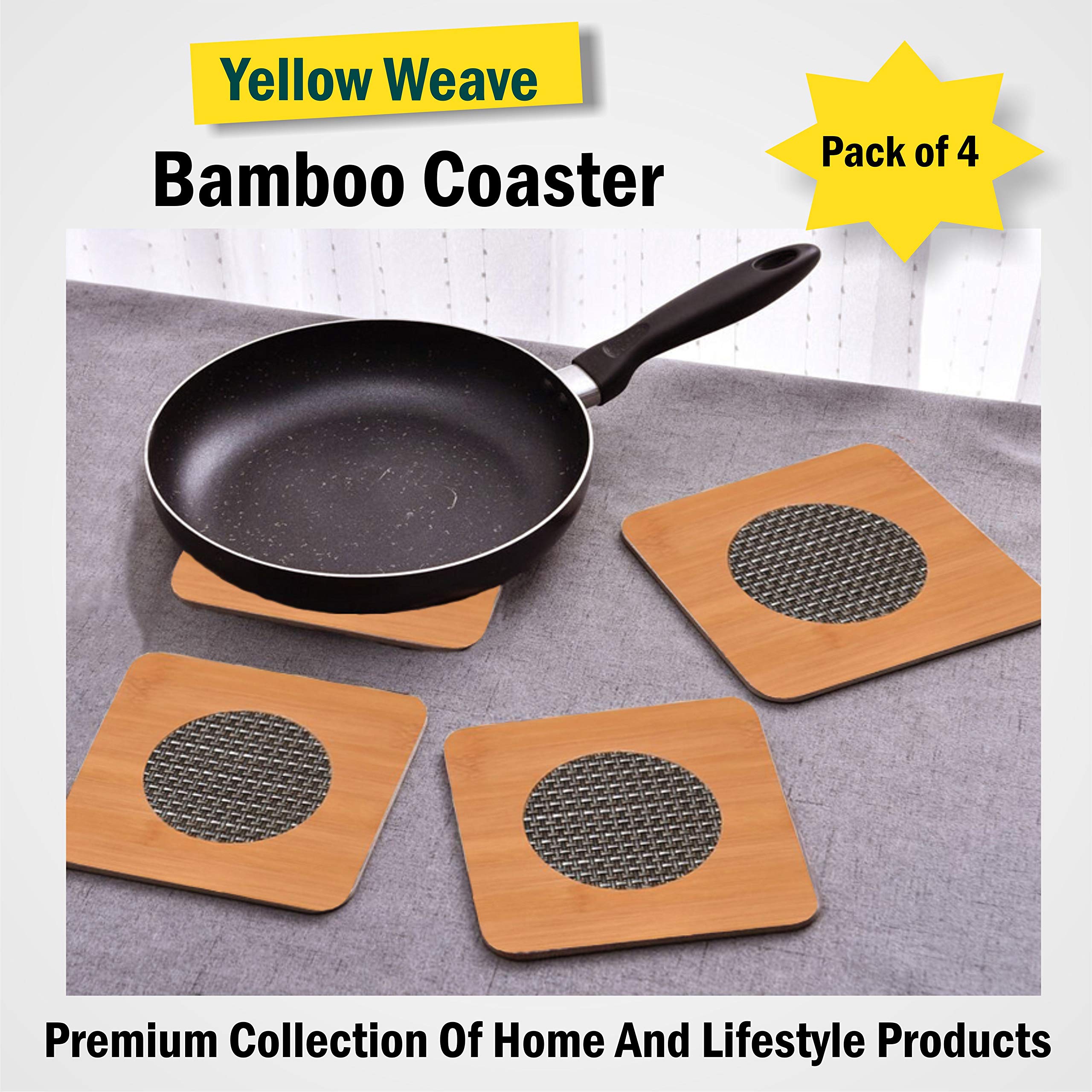 4-Piece Yellow Bamboo Wood Coasters Set - Heat Resistant Table Mats for Pans & Pots (15x15cm) - Perfect for Kitchen, Dining, and Outdoor BBQ Use