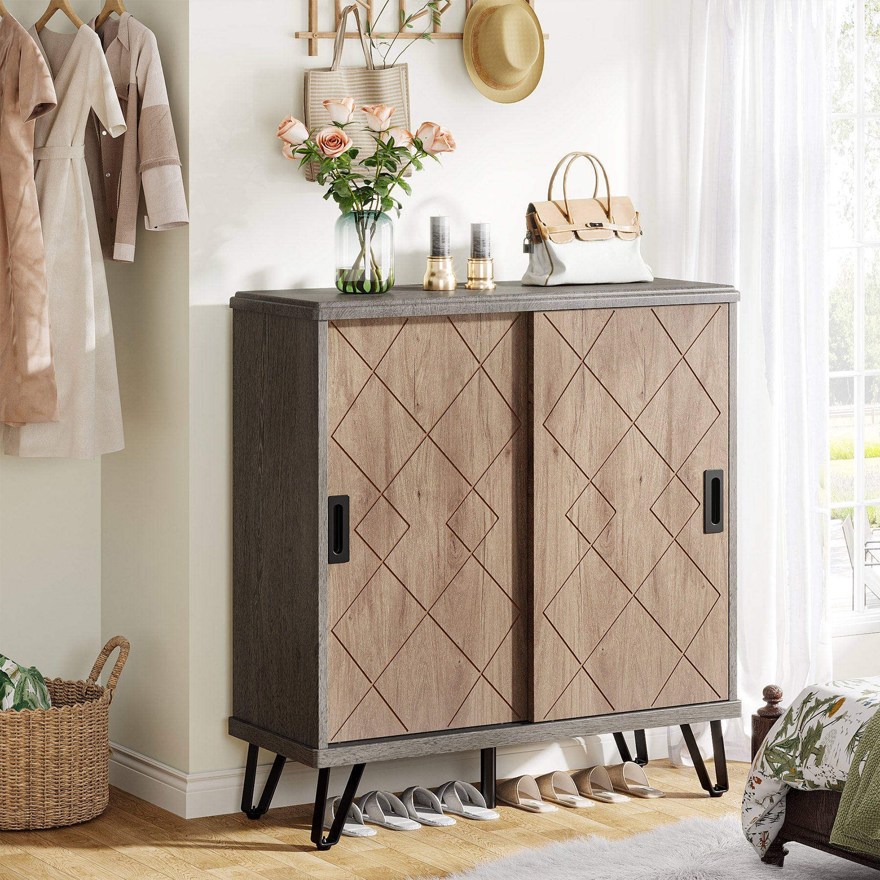 5 Tier Shoe Cabinet with Sliding Doors - Wooden Shoe Organizer with Sturdy Metal Legs for Entryway, Closet & Bedroom Storage Solution