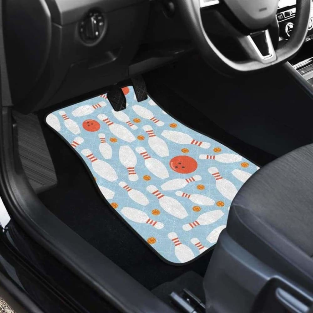 Premium Bowling Ball & Pins Car Mats - Non-Slip Floor Mats with Blue Black Background for Front & Back Seats - Perfect for Bowling Enthusiasts & Car Decor