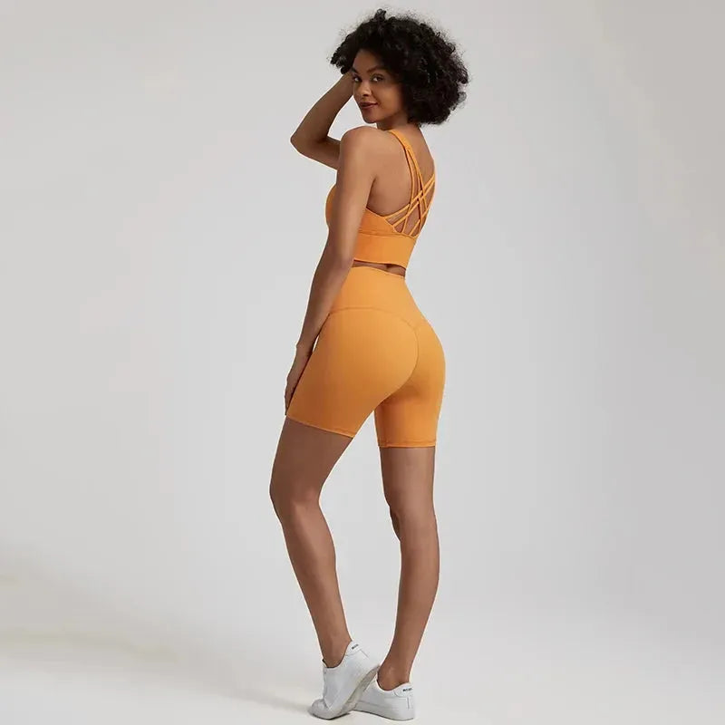 Buttery Soft 2-Piece Nylon Yoga Shorts Set for Women - High Waist Workout Clothes & Push Up Sports Bra - Perfect for Gym, Yoga & Running