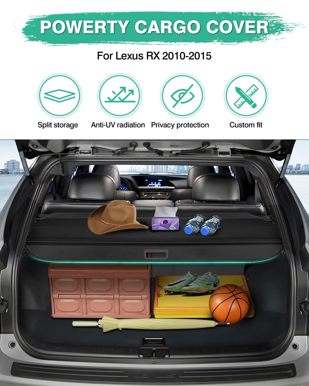 Powerty Retractable Cargo Cover for 2010-2015 Lexus RX270 RX350 RX450H - Trunk Shade Protector, No Gap Luggage Cover - Perfect for Road Trips, Grocery Hauling & Pet Transport