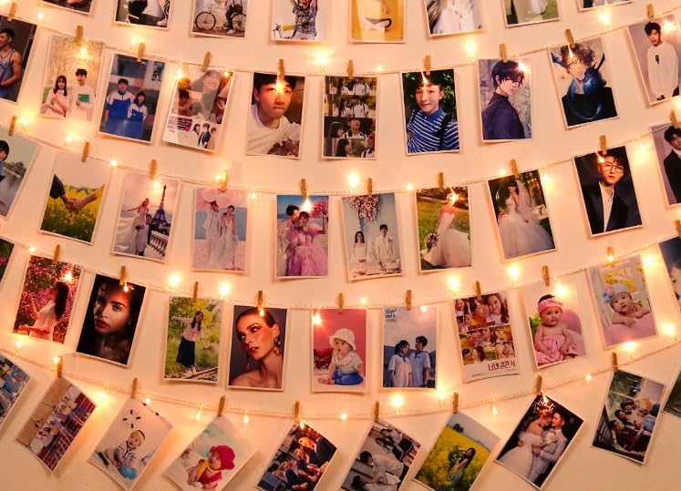 33ft Wooden Photo Clip String Lights with Remote & Timer - 100 LED Fairy Lights & 50 Painted Clothespins for Hanging Pictures - Battery Powered Twinkle Copper Wire Decor for Bedroom, Wedding, Party, Christmas, and Festival Decorations