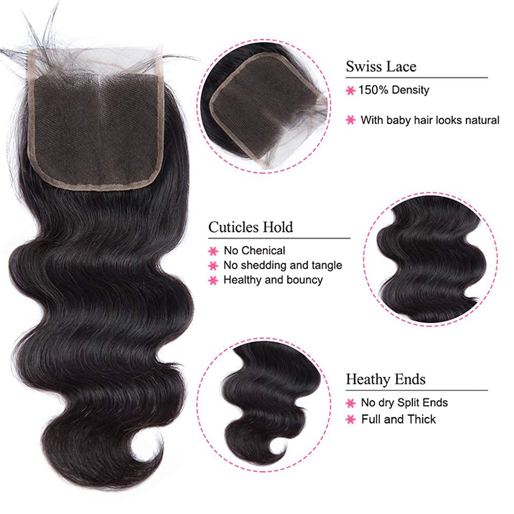 100% Unprocessed Brazilian Body Wave Human Hair Weaves - 3 Bundles with 4x4 Lace Closure (20 22 24+18 Inches) | Natural Color | Perfect for Protective Styles, Sew-Ins & Everyday Wear