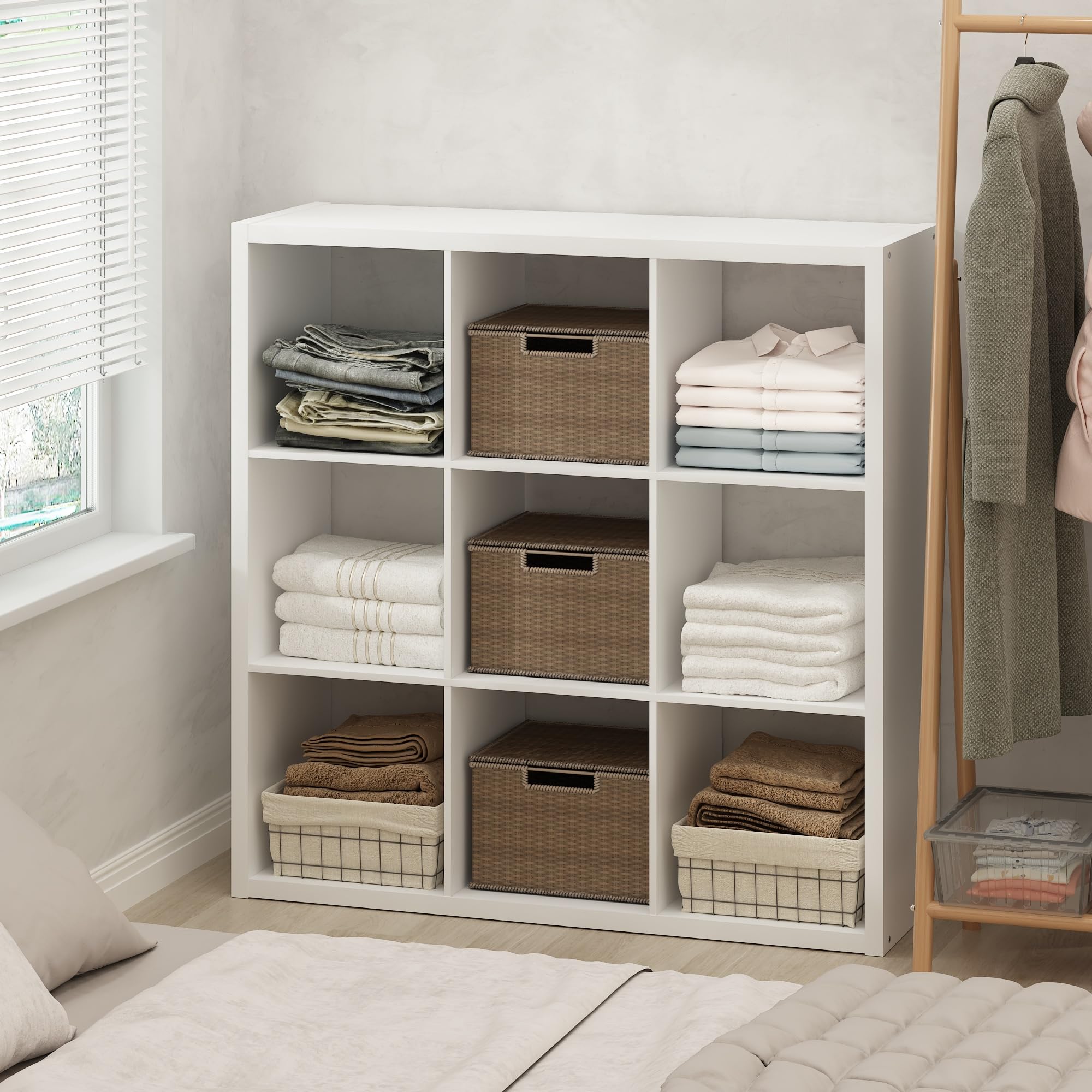 Furinno 9-Cube Open Back Storage Organizer Shelf - Multipurpose Closet & Clothing Organizer, White - Perfect for Bedroom, Closet, and Office Storage Solutions