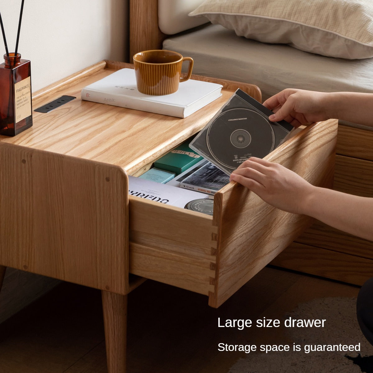 Solid Oak Wood Nightstand with Built-in USB Outlet - Perfect for Bedroom, Living Room, or Office Use