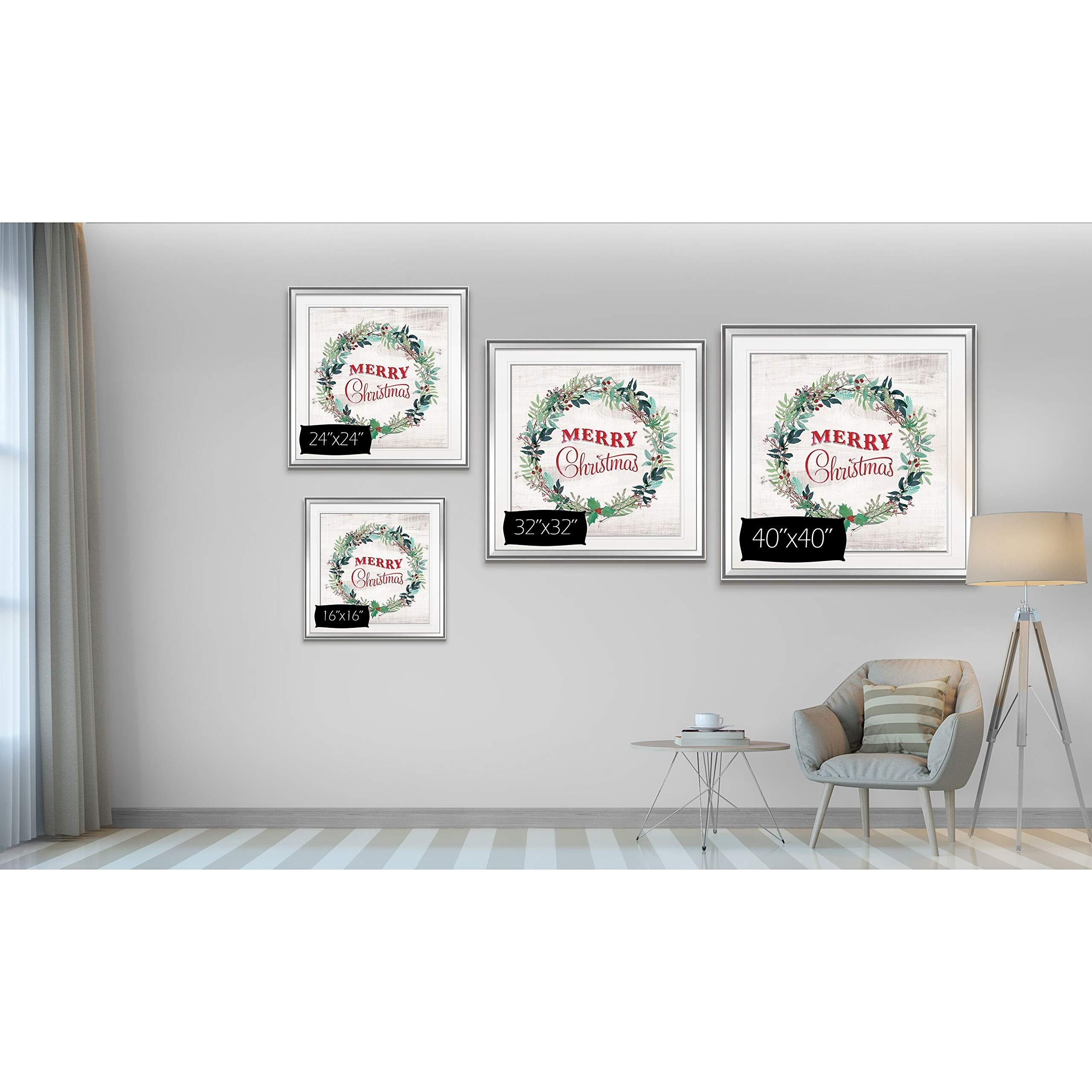 Wexford Home Merry Christmas Wreath - Custom Framed Holiday Wall Art Print in Blue, White, Grey, Yellow, Green, Silver & Gold - 38x38 Inch Christmas Decor for Living Room, Front Door & Holiday Party Decoration