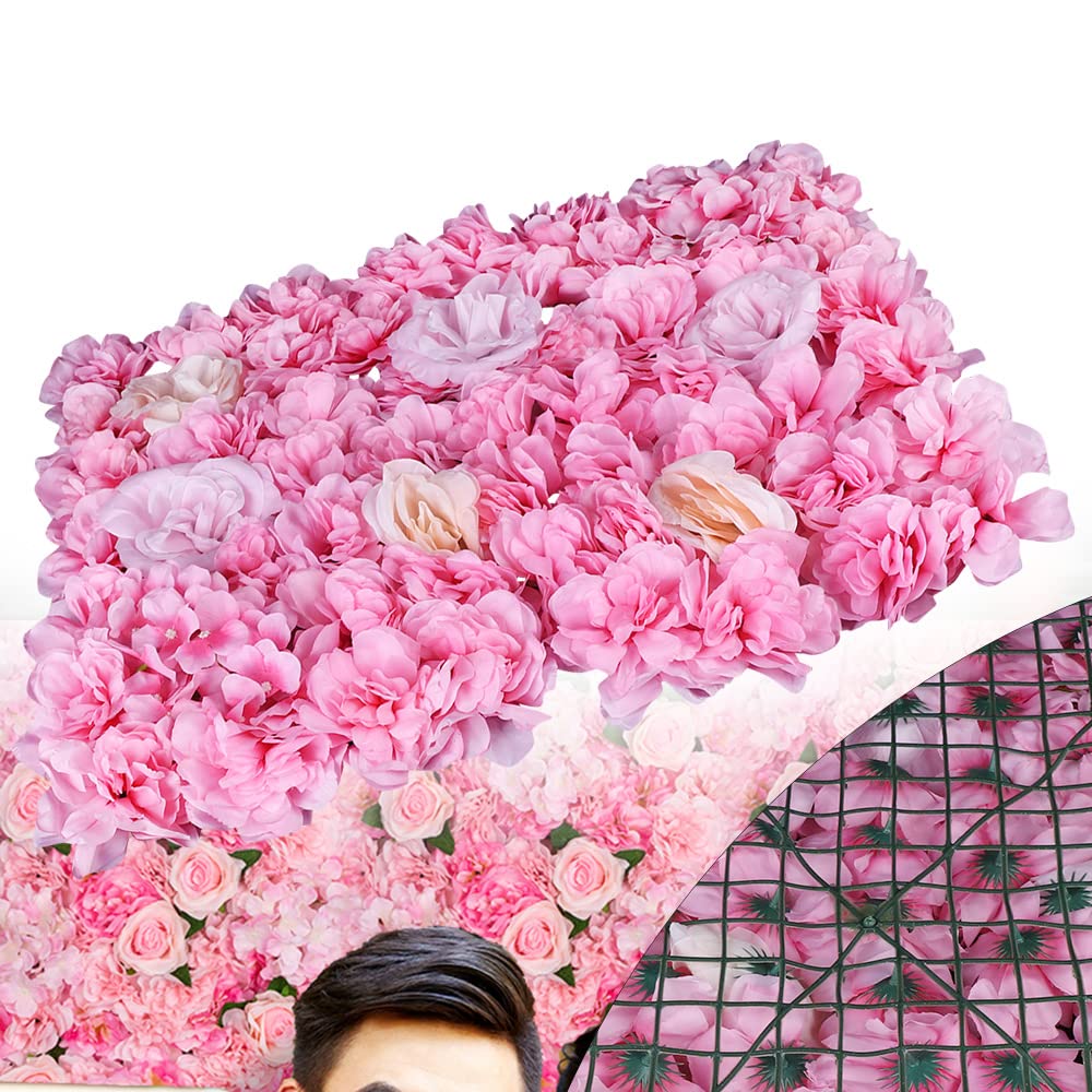 12Pcs Artificial Silk Rose Flower Wall Panels - Fake Hydrangea & Rose Floral Decor for DIY Wedding Backdrop, Banquet Party Decoration (Pink Dahlia, Champagne, Pink Rose) - Perfect for Home Decor, Bridal Showers & Event Wall Panels